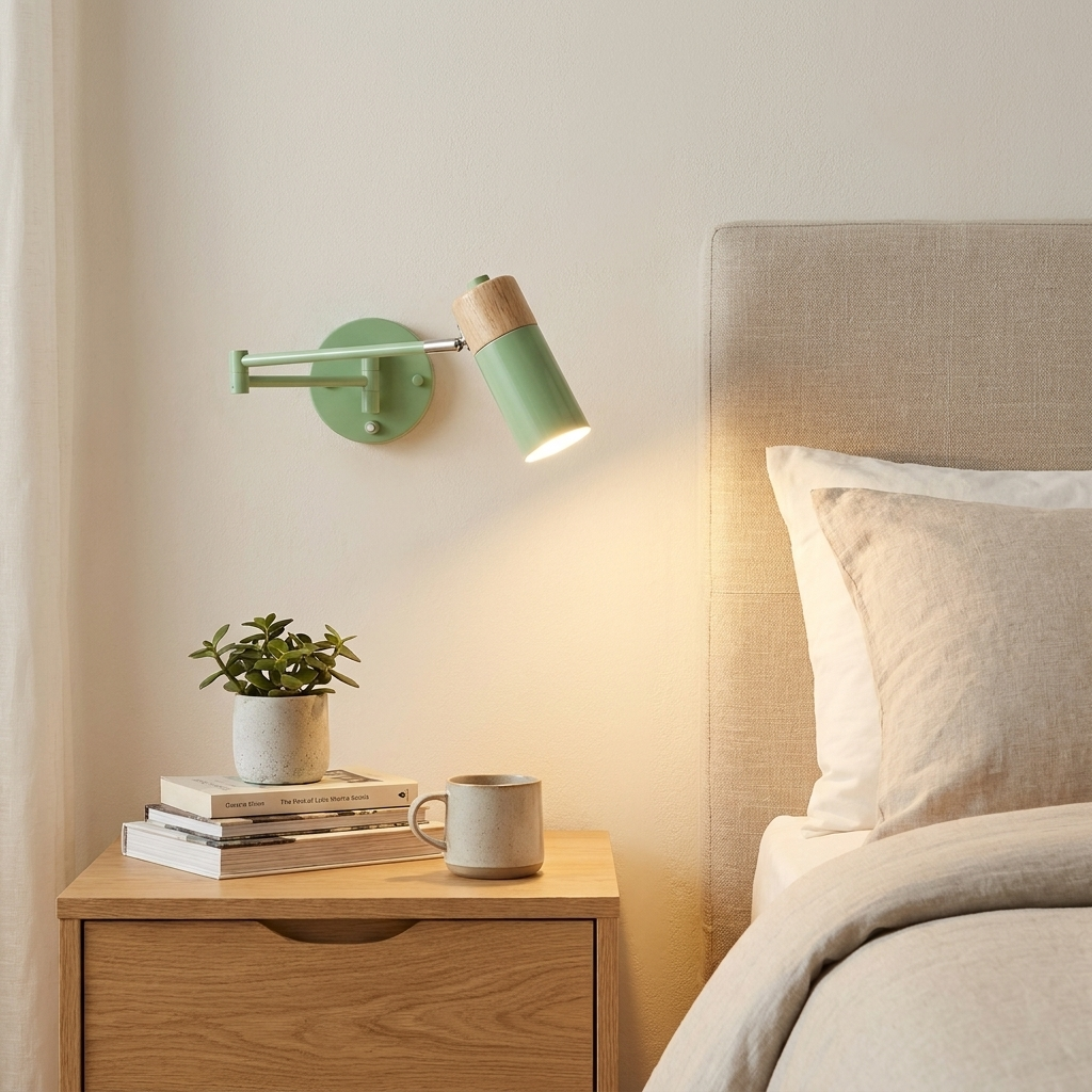Una lámpara de pared verde ilumina una mesita de noche con libros, planta y taza.