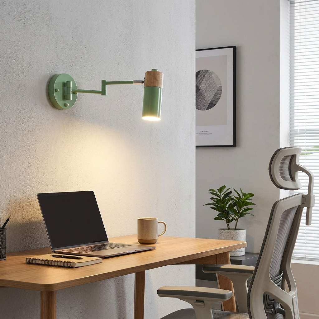 Una lámpara de pared verde ajustable ilumina un escritorio con portátil, cuaderno y taza.