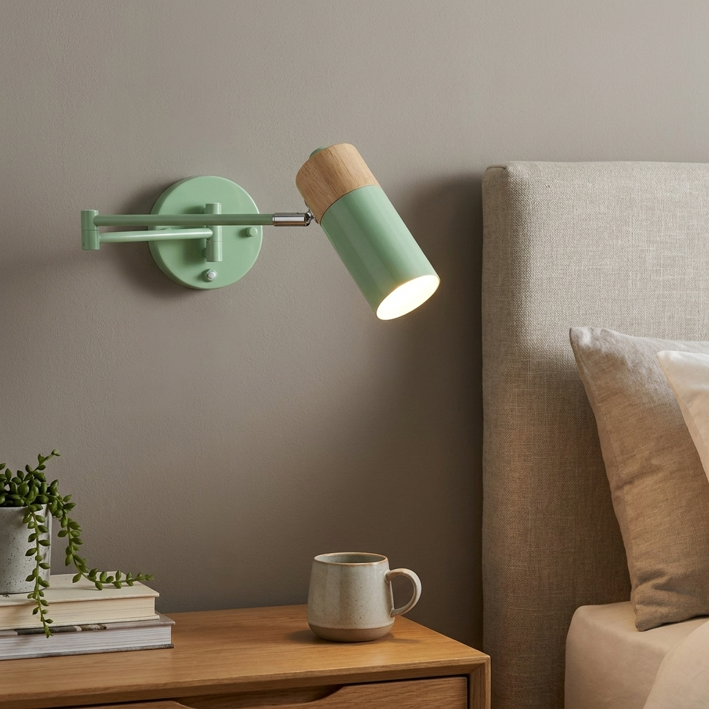 Una mesita de noche con lámpara, libro, planta y taza junto a una cama.