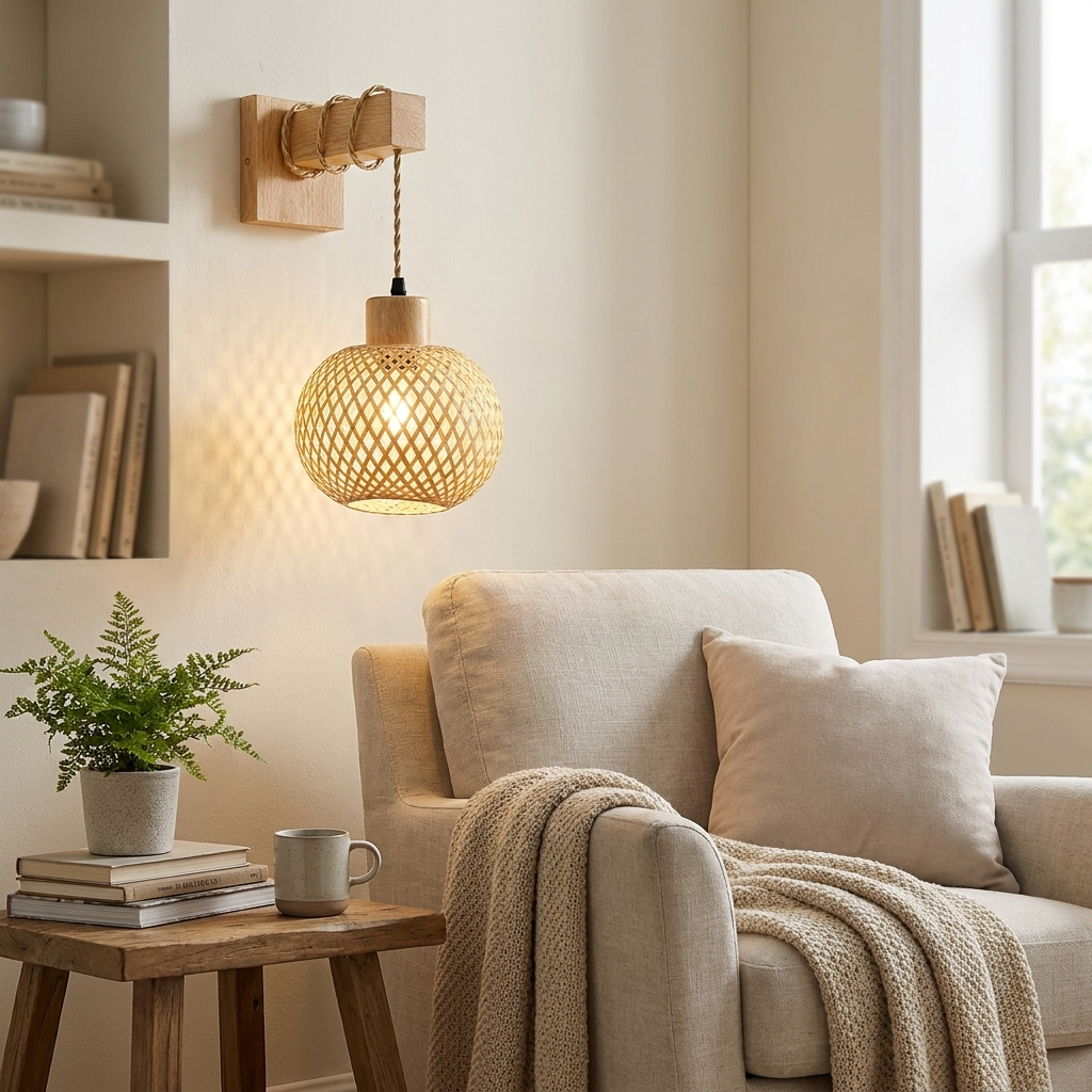 Una lámpara colgante tejida cuelga sobre un sillón beige con manta y cojín.