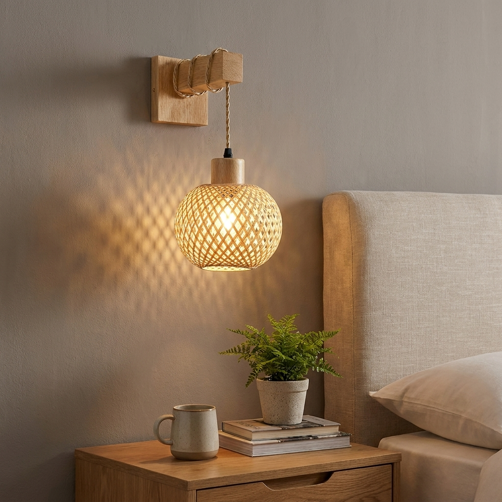 Una lámpara colgante de ratán con soporte de madera sobre una mesita de noche con taza y planta.