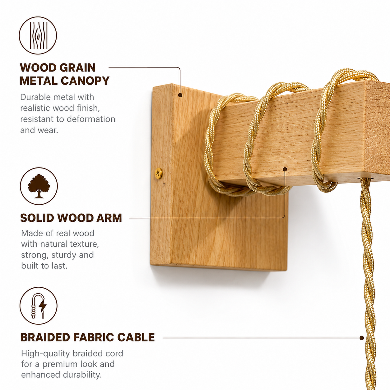 Dosel de metal veteado con brazo de madera maciza y cable trenzado.