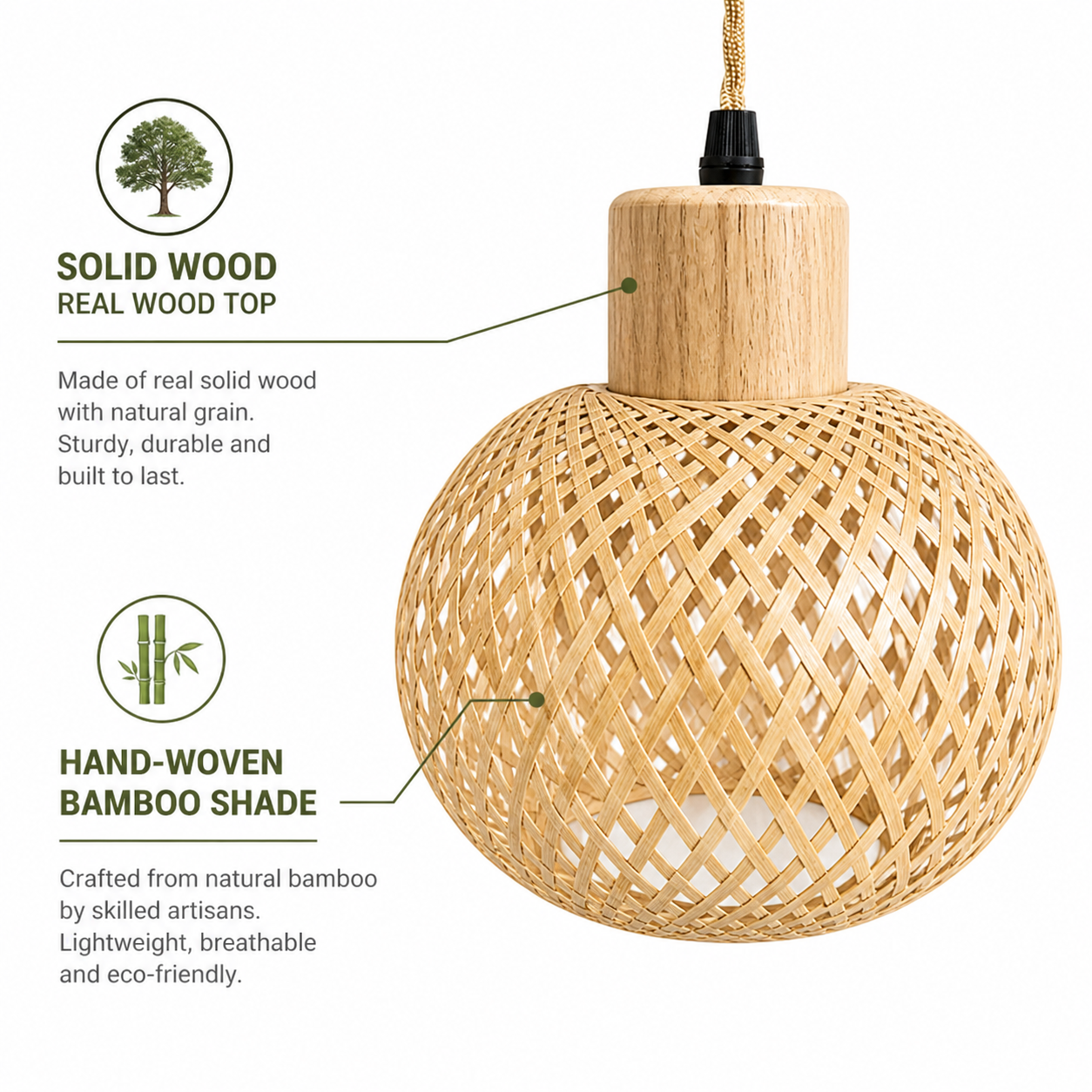 Lámpara colgante con tapa de madera y pantalla de bambú tejida.