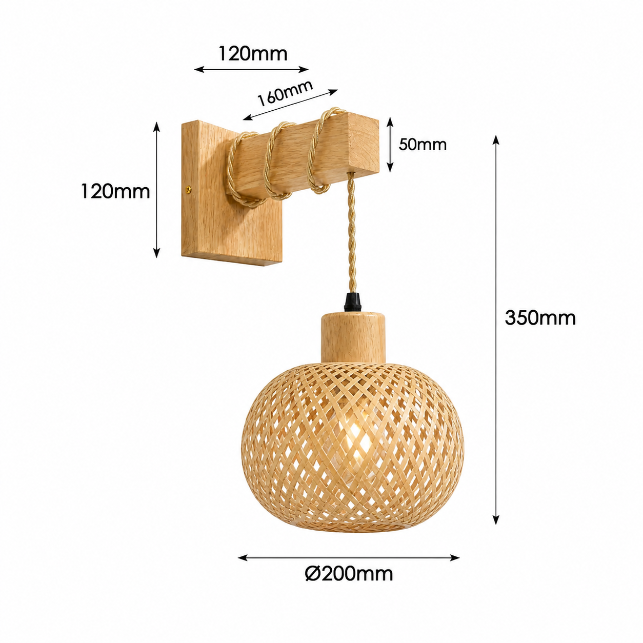 Lámpara de pared de madera con pantalla de bambú tejida. Se muestran las dimensiones.