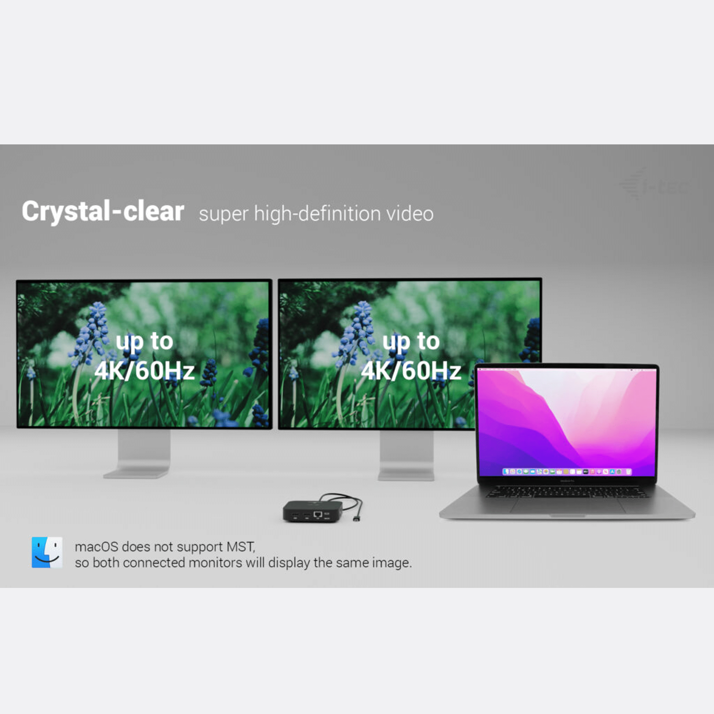 A MacBook Pro and two monitors display 4K/60Hz video. macOS does not support MST.