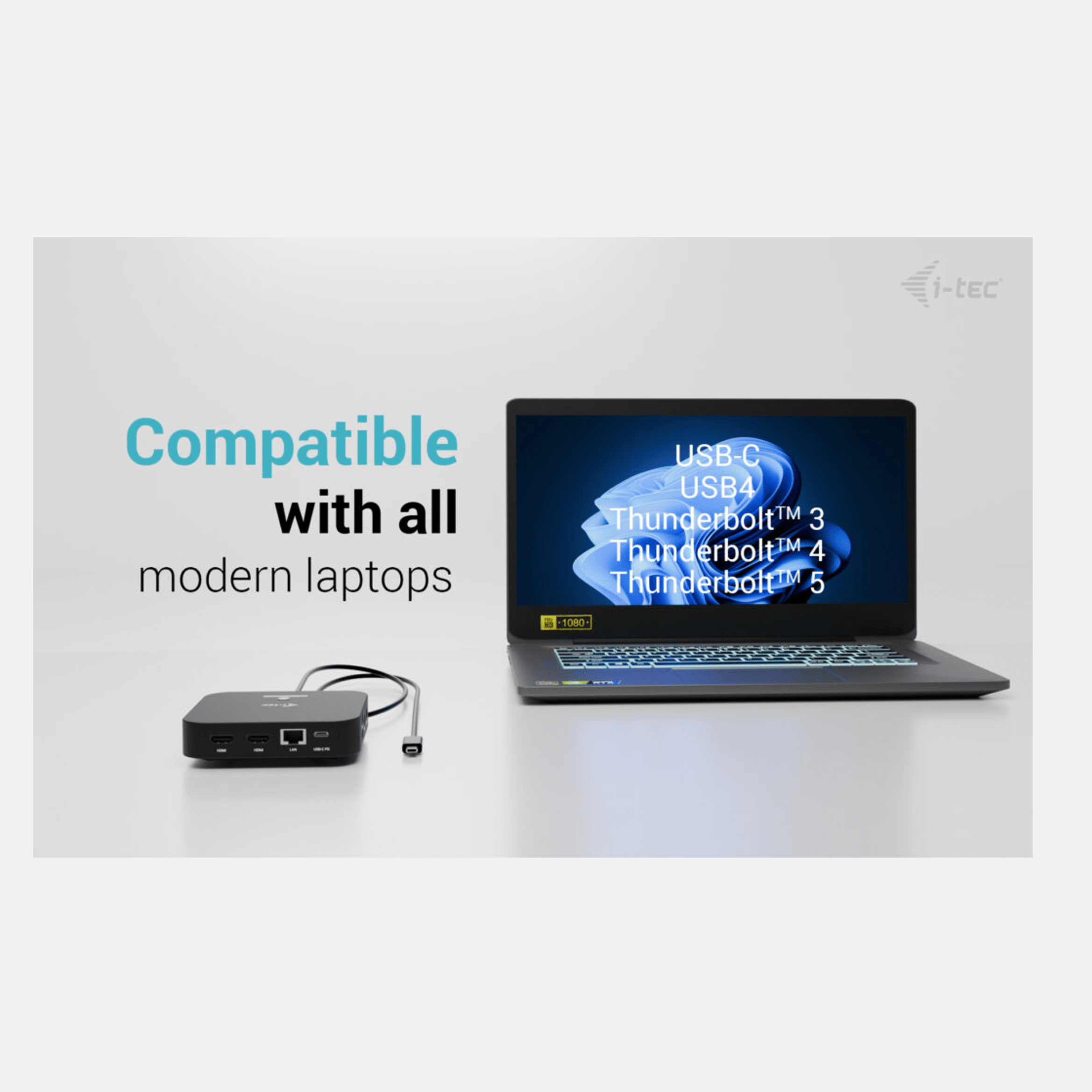 A black docking station hub sits next to a laptop with text overlay.