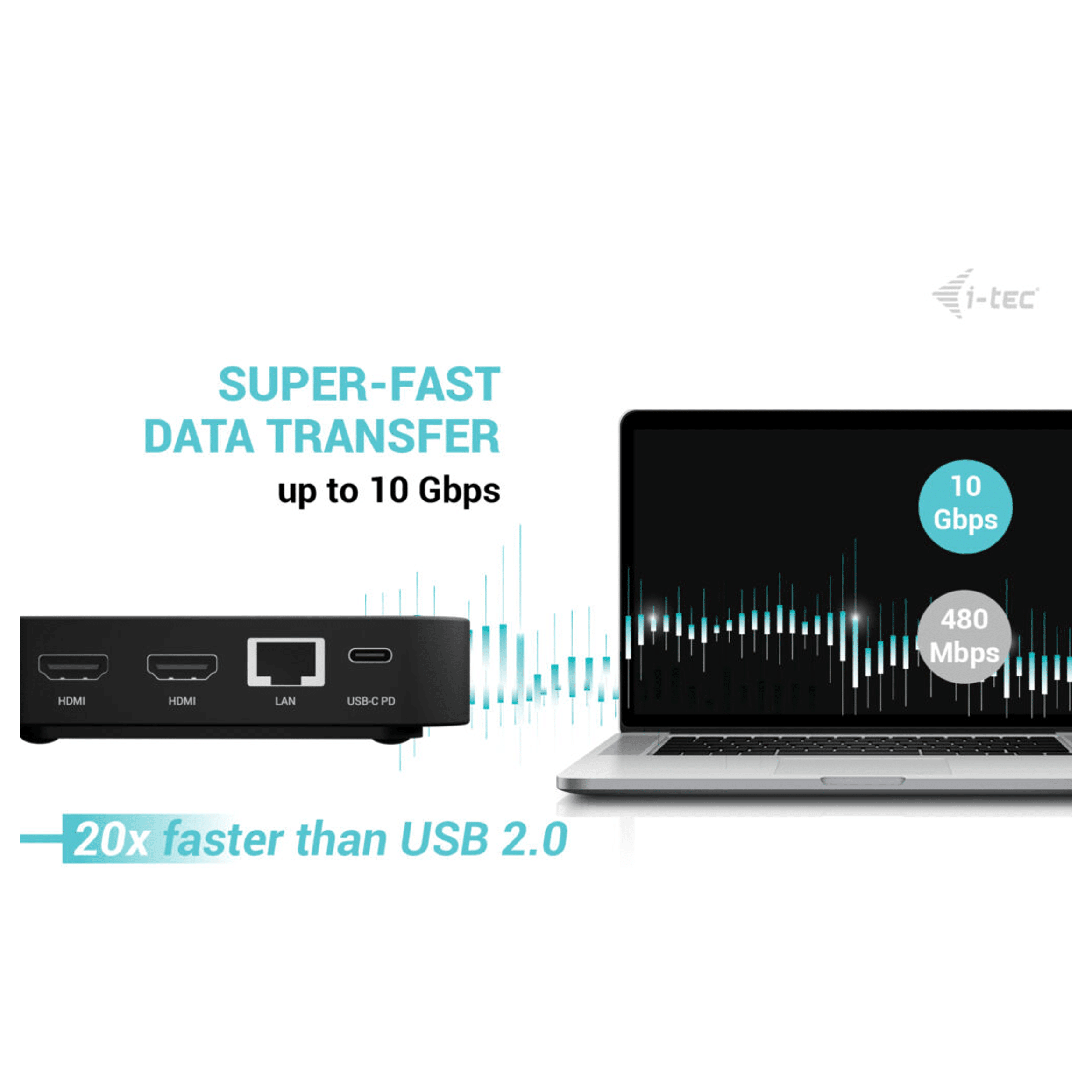 A black adapter with HDMI, LAN, and USB-C ports next to a laptop.
