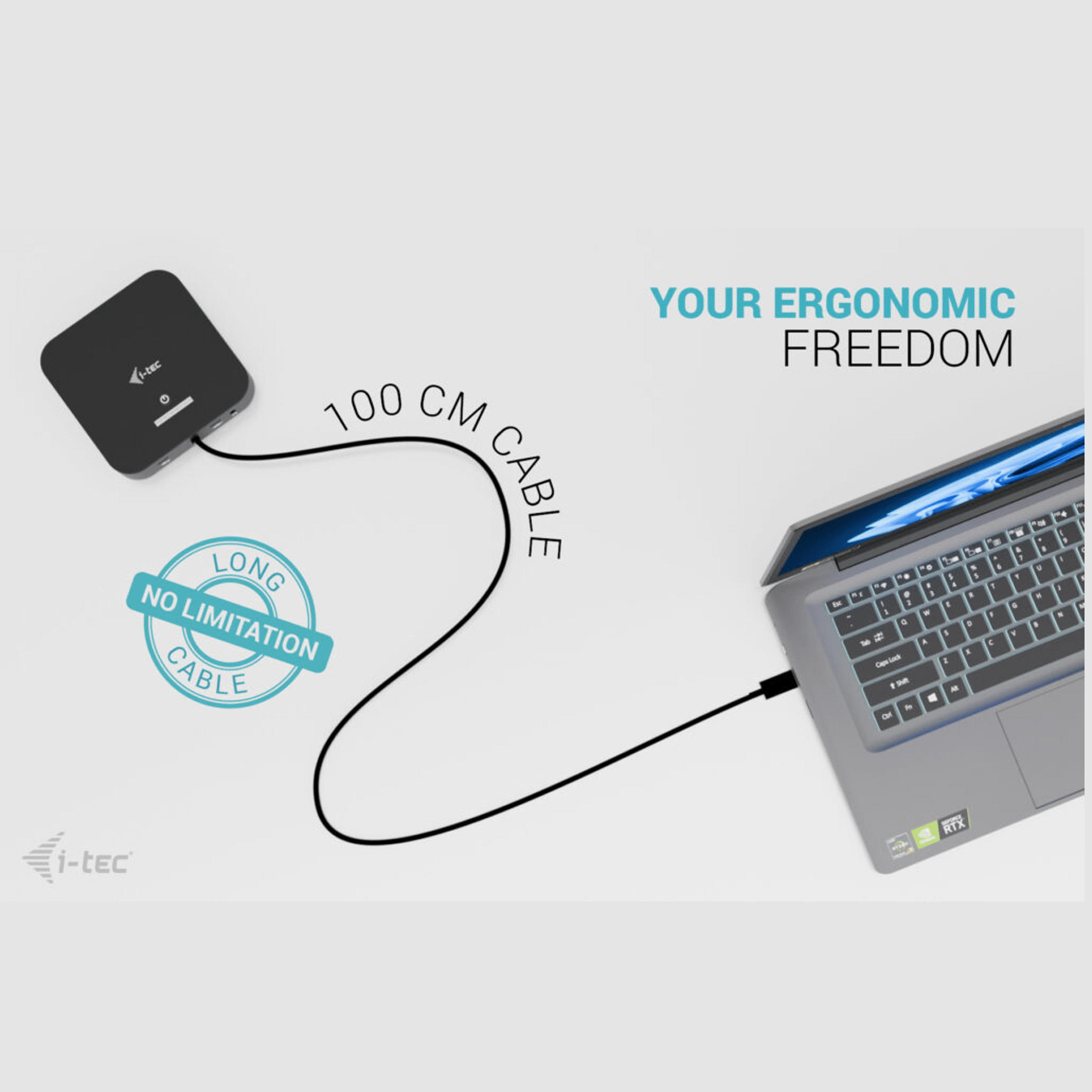 A black i-tec hub is connected to a laptop via a 100cm long cable.