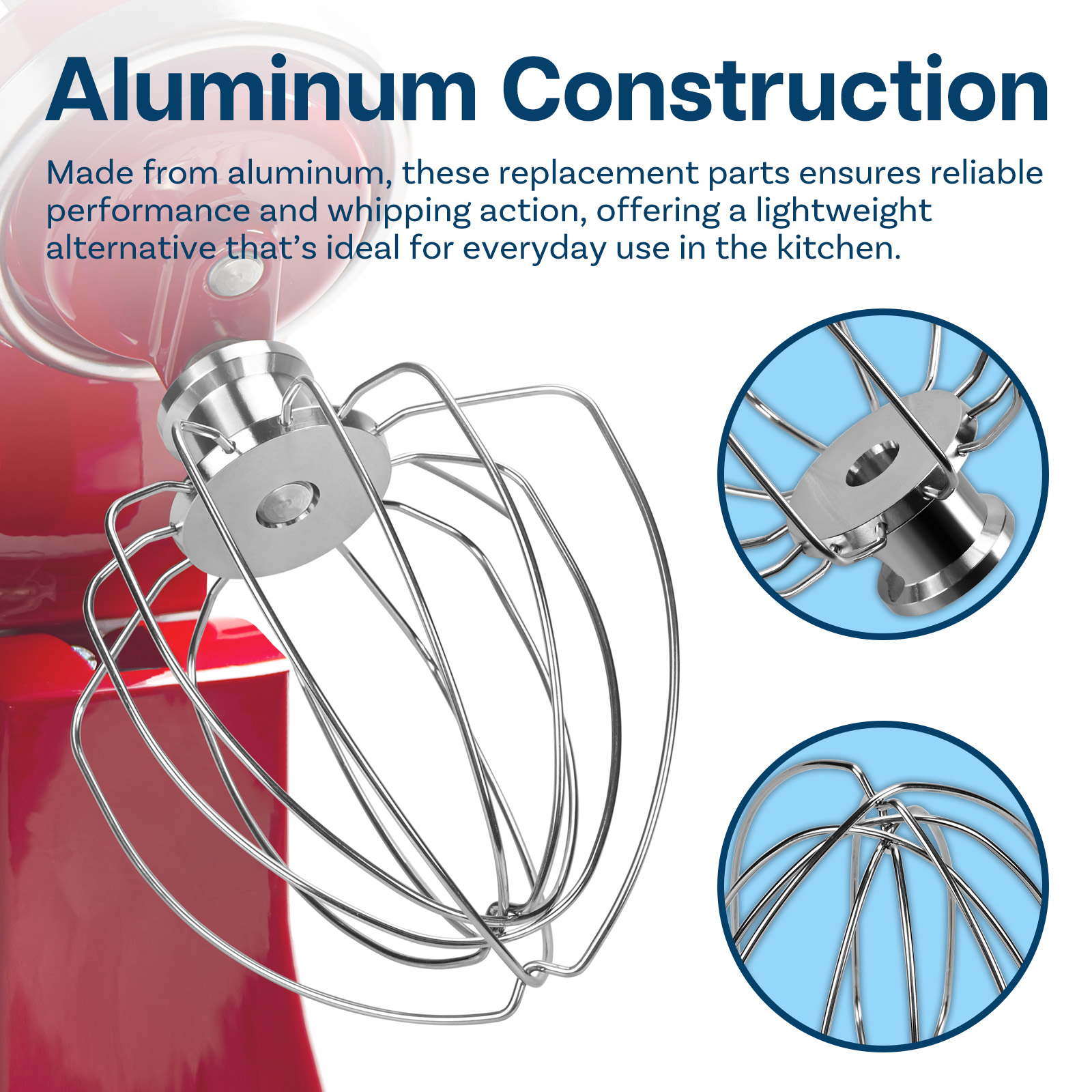 Ein roter Küchenmixer mit Aluminium-Schneebesen-Aufsatz.
