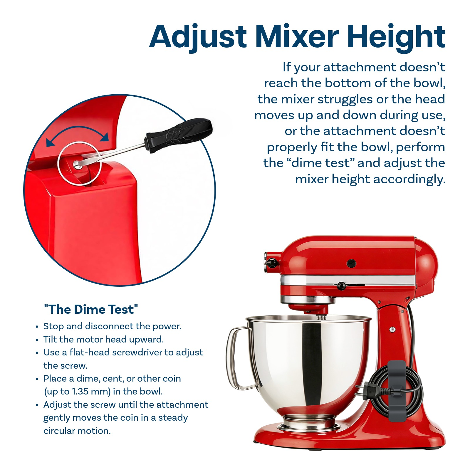 Roter Standmixer mit Anleitung zum Einstellen der Höhe und einer Nahaufnahme einer Schraube.