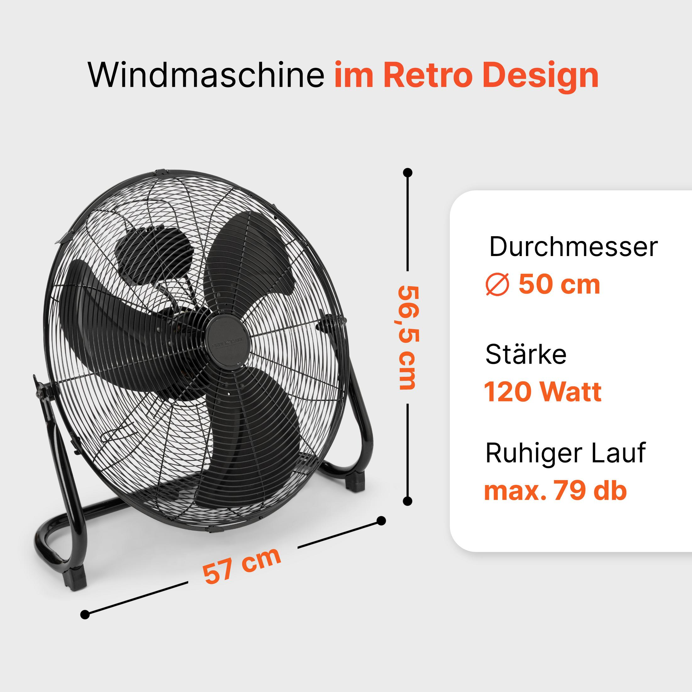 Czarny wentylator retro stojący z metalową kratką, średnica 50 cm.