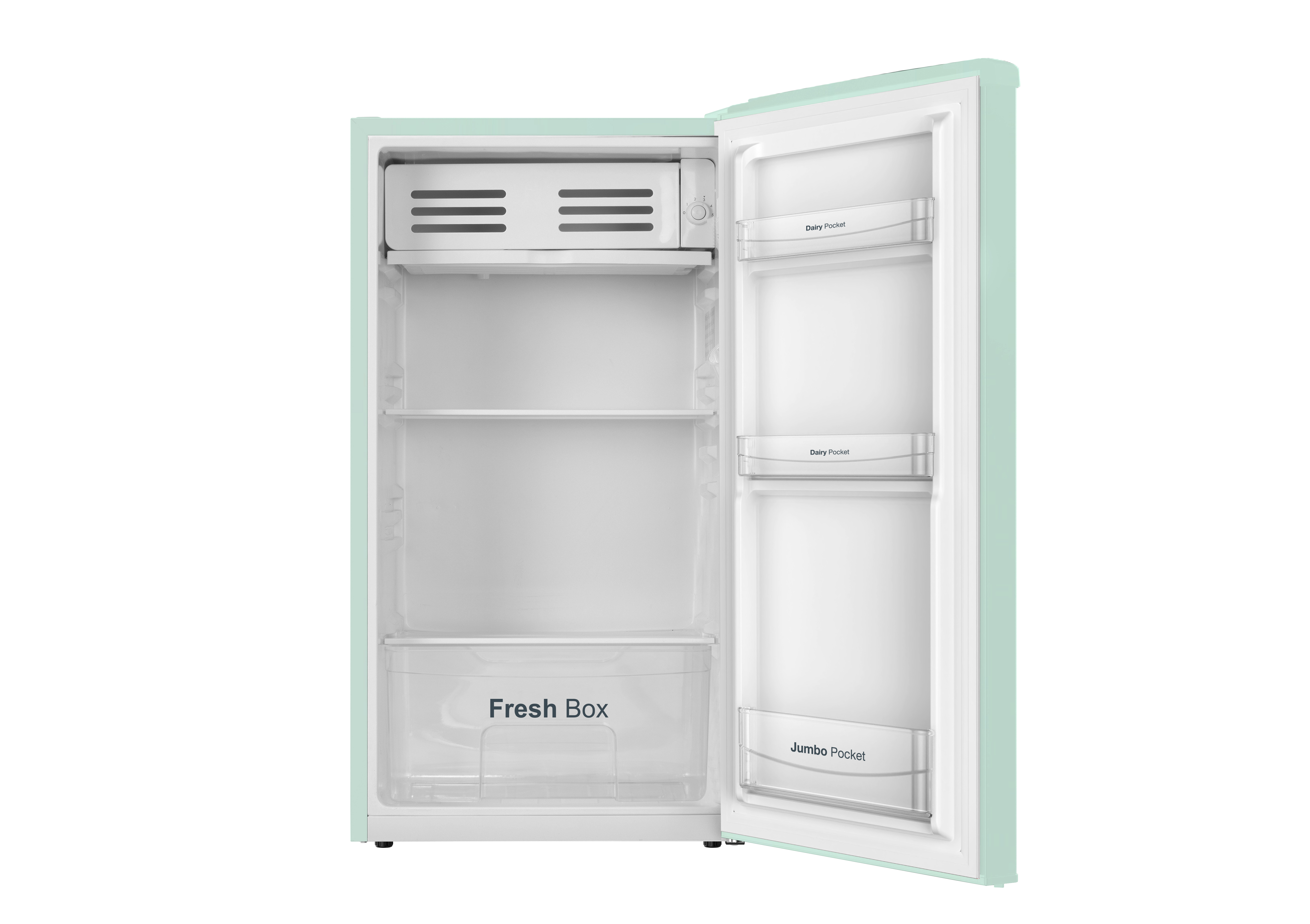 Un refrigerador abierto, verde menta, con tres estantes y una caja fresca.