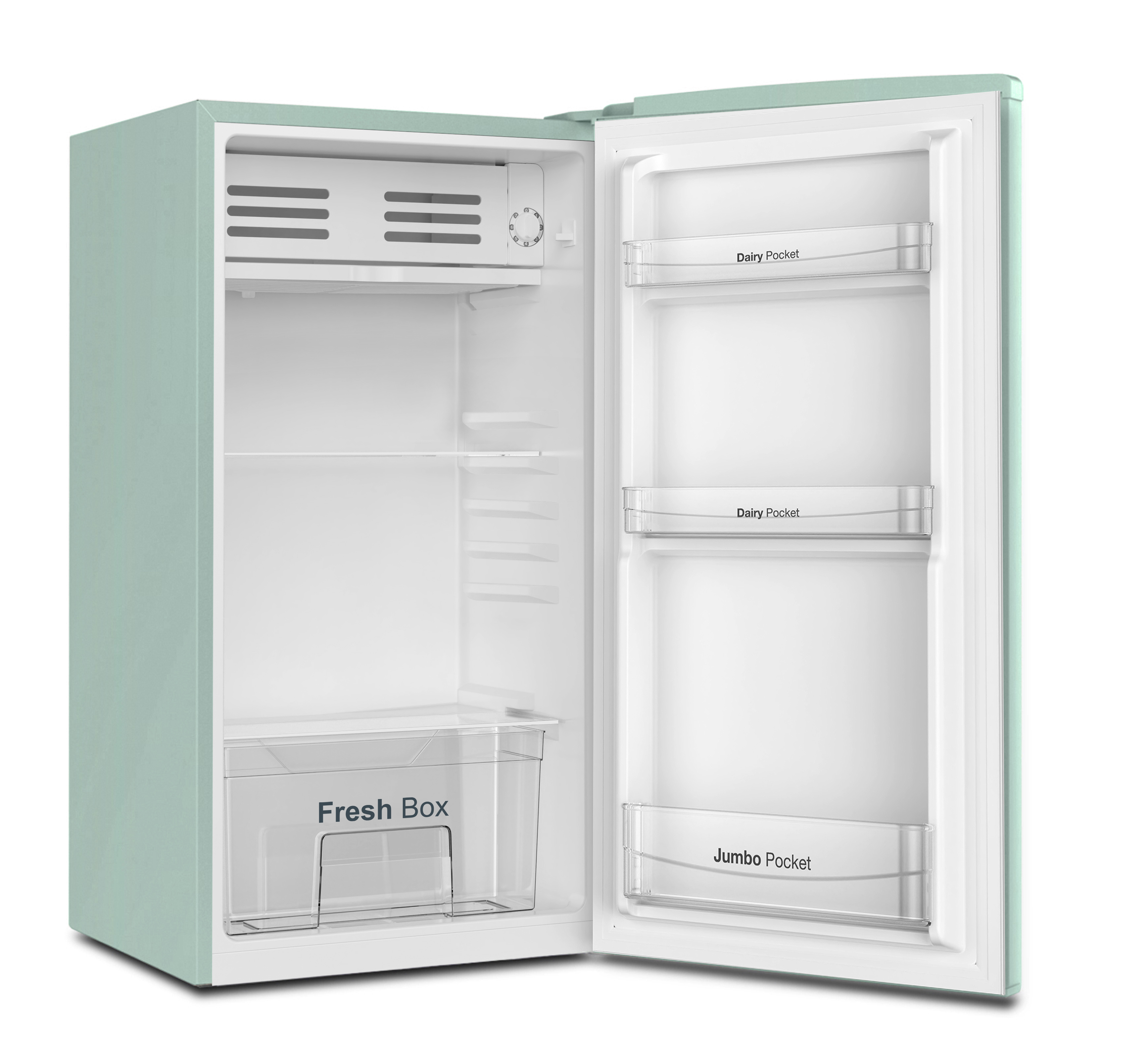 Un refrigerador abierto, verde claro, con estantes transparentes y un cajón.