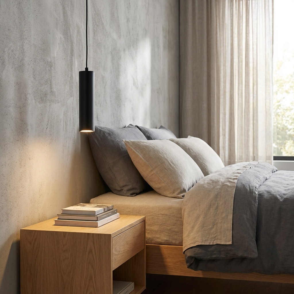 Un dormitorio con cama, mesita de noche y lámpara colgante.