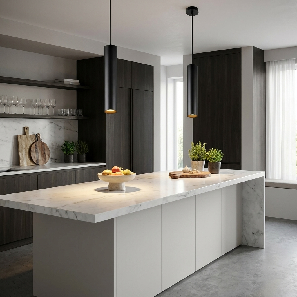 Cocina moderna con isla de mármol, frutero, lámparas colgantes y gabinetes oscuros.