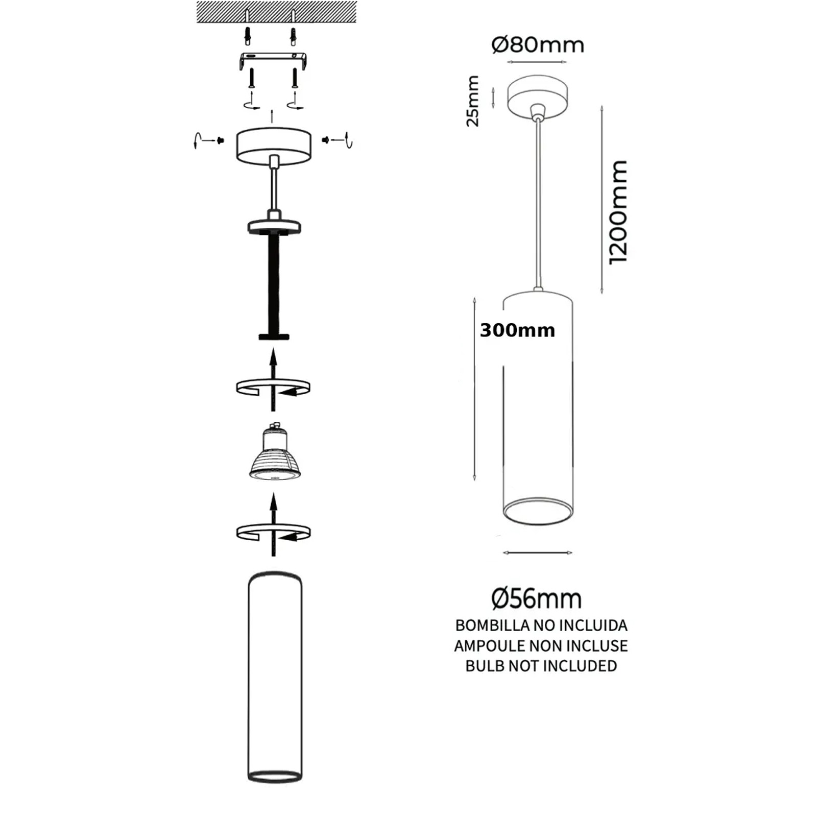 Instrucciones de montaje para una lámpara colgante cilíndrica con dimensiones.