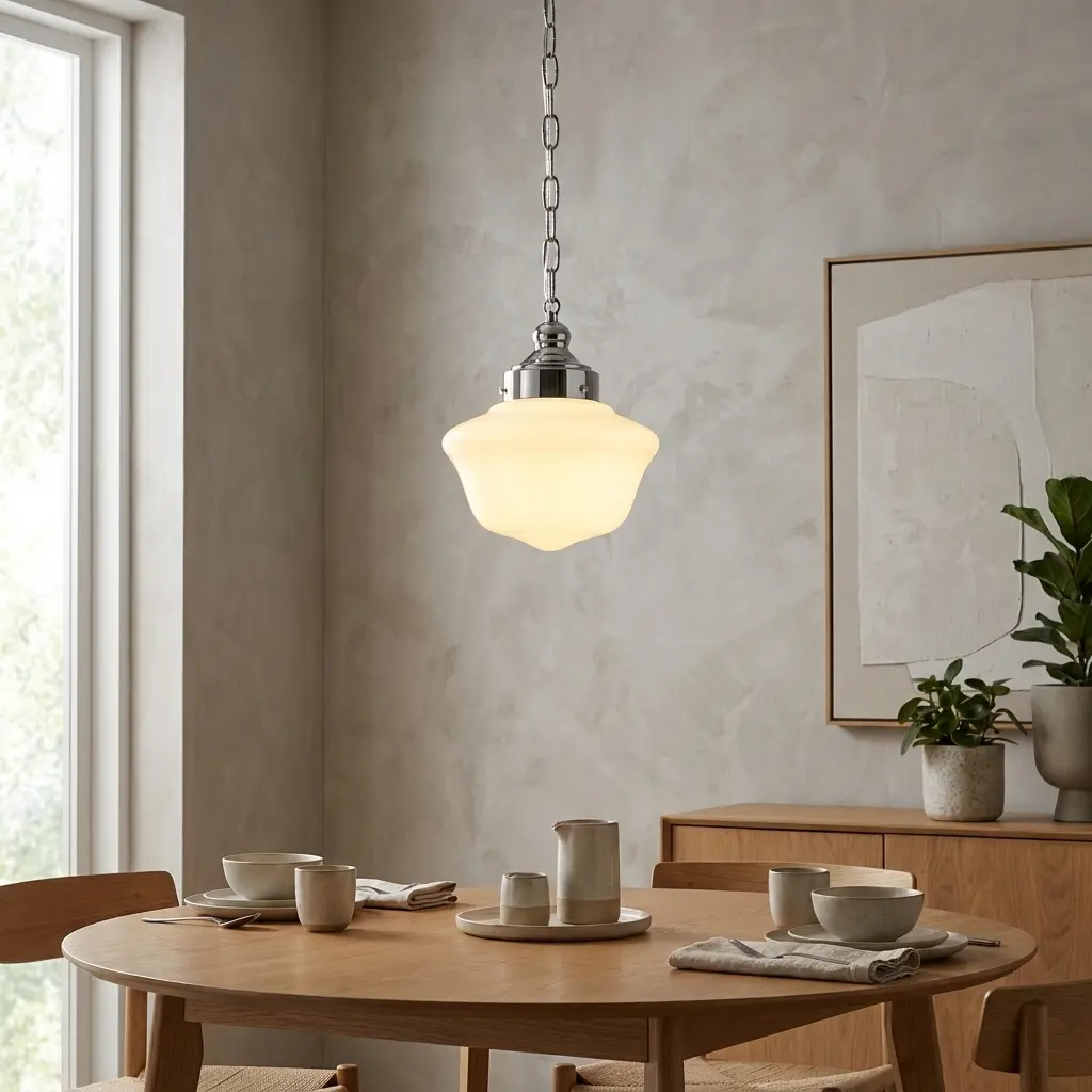 Una lámpara colgante lechosa cuelga sobre una mesa de comedor de madera.