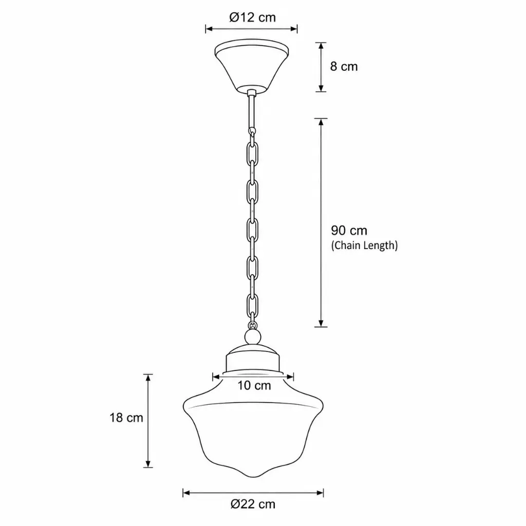 Diagrama de una lámpara colgante con dimensiones: Ø12cm superior, 8cm altura, cadena 90cm, parte superior pantalla 10cm, altura pantalla 18cm, pantalla Ø22cm.