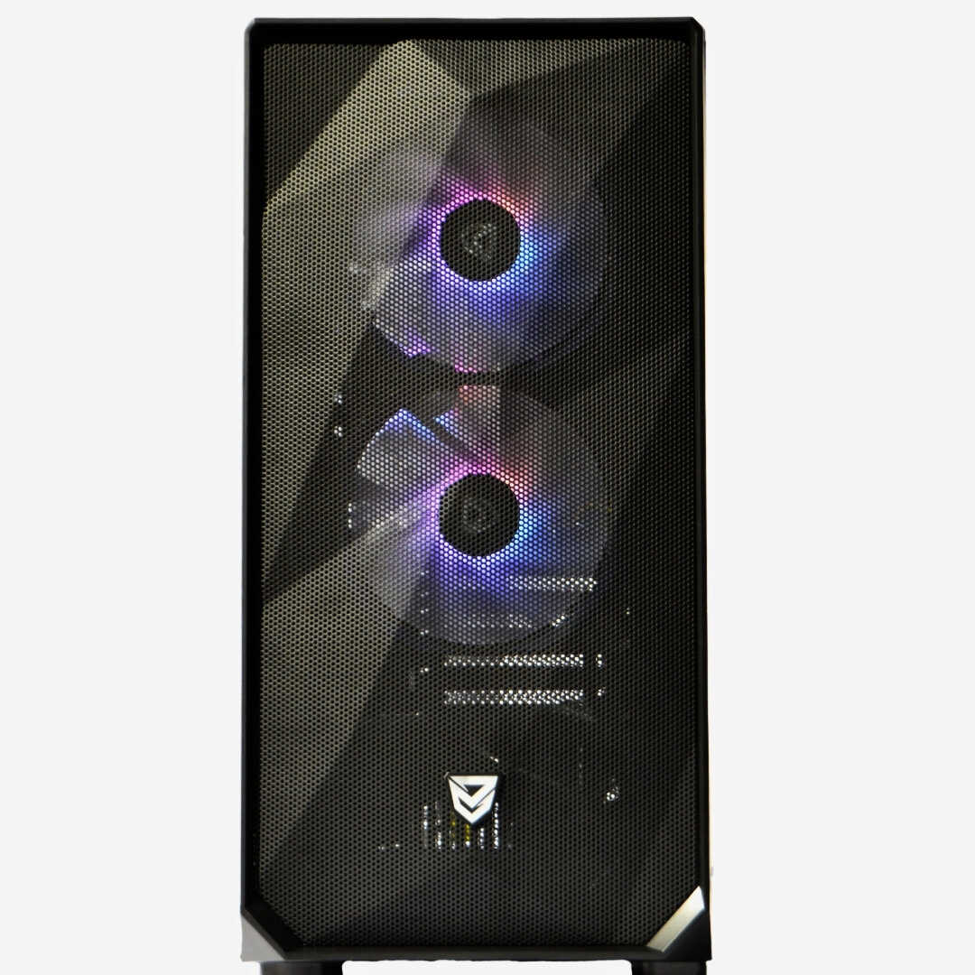 Torre de computadora negra con dos ventiladores RGB iluminados visibles a través de la malla frontal.