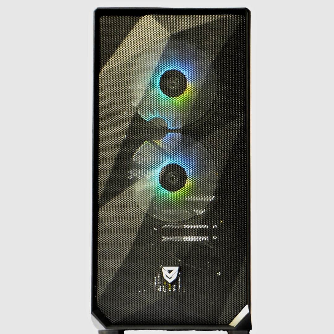 Caja de PC negra con dos ventiladores iluminados y un logo.