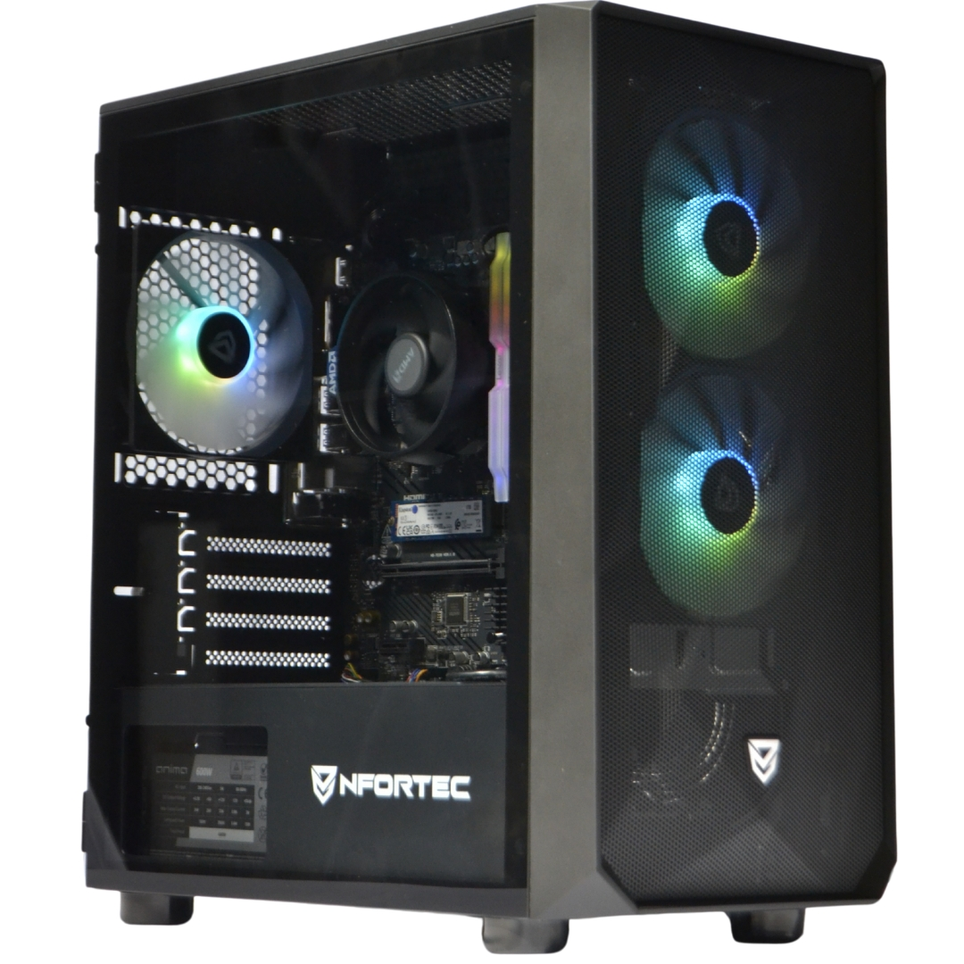 Una caja de PC negra con ventiladores RGB y componentes internos visibles.