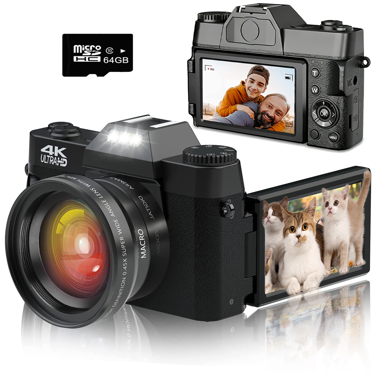 Schwarze Digitalkamera mit 4K Ultra HD, Makroobjektiv und 64GB MicroSD-Karte. Bildschirm zeigt Kätzchen und Menschen.