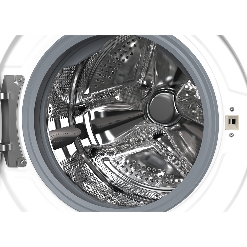 Close-up interior view of an open, empty, metallic washing machine drum with a grey rubber seal.