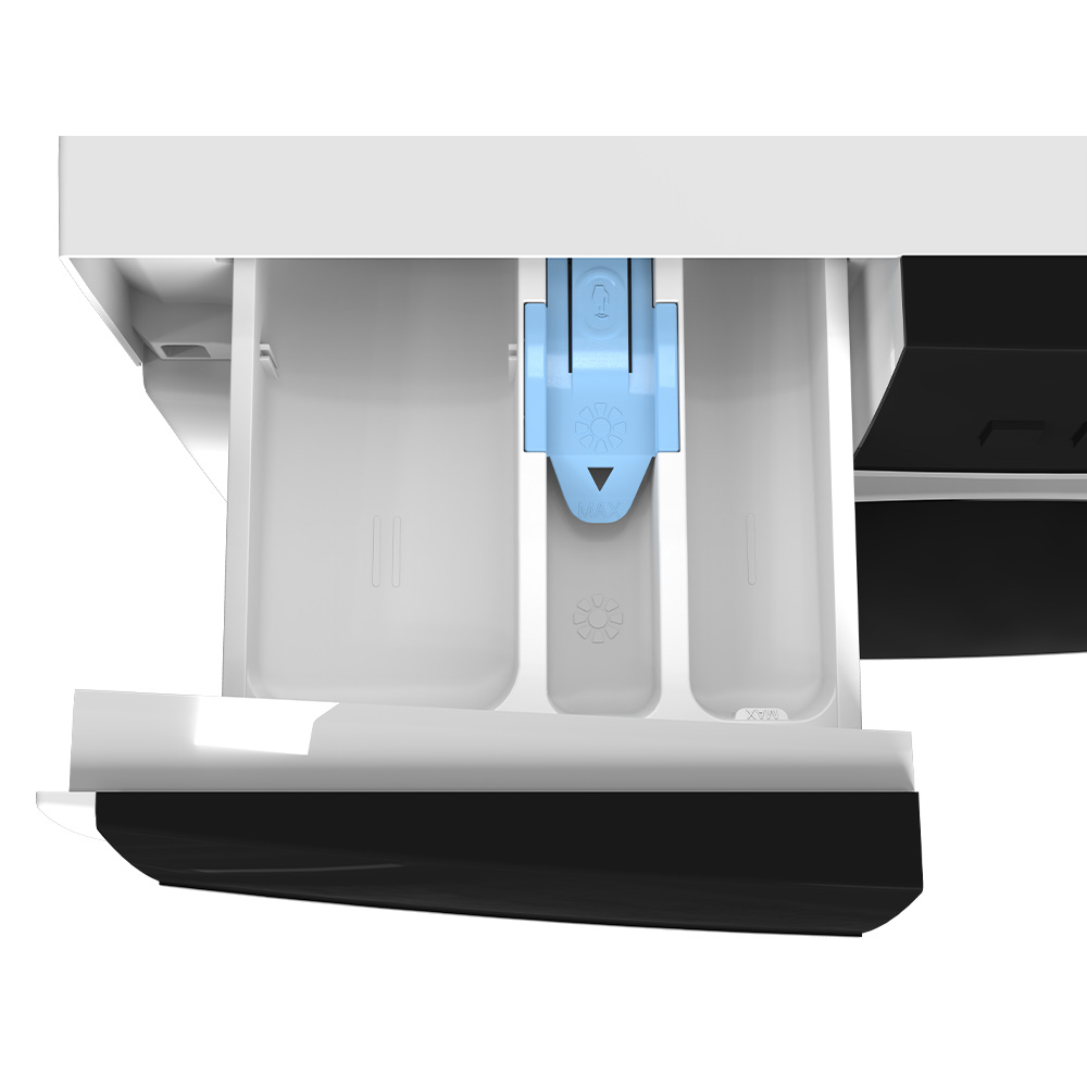 A white laundry detergent drawer with three compartments and a blue insert.