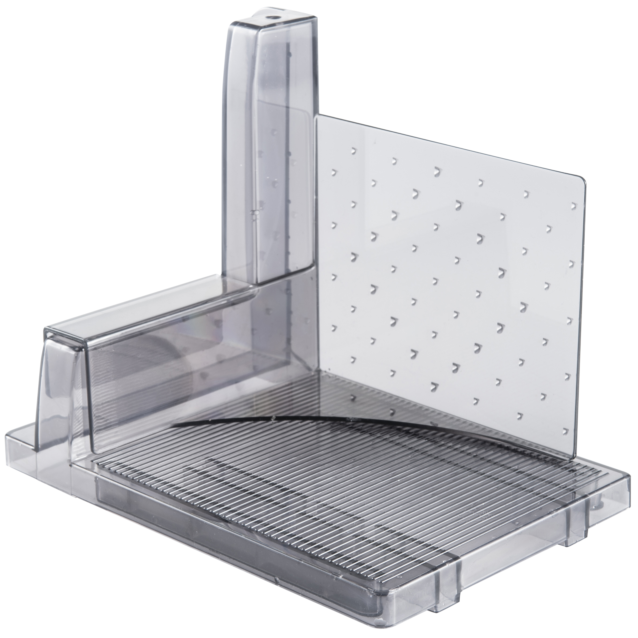 Un'affettatrice in plastica trasparente con lama e base scanalata.