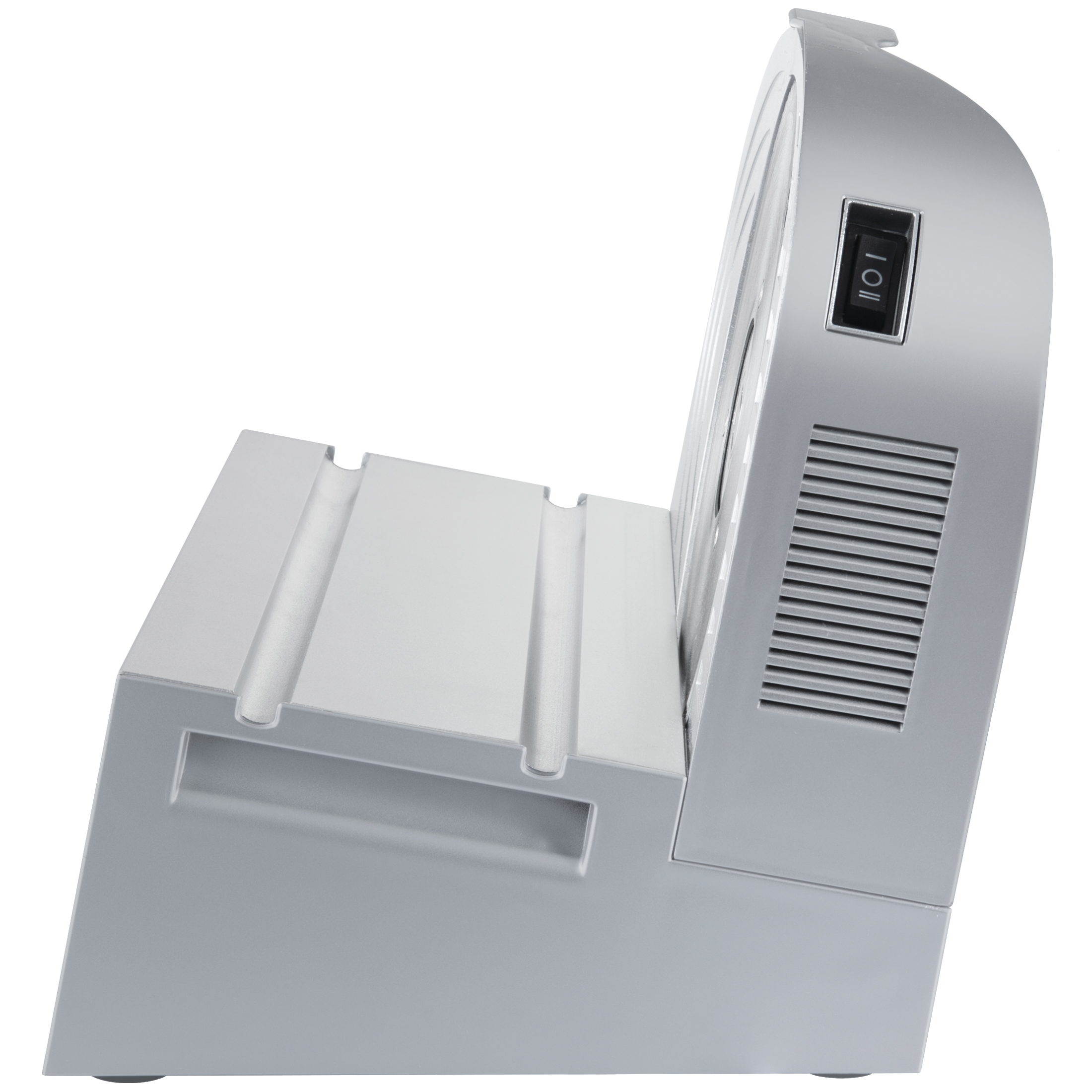 Un dispositivo argentato con un interruttore e fessure di ventilazione.