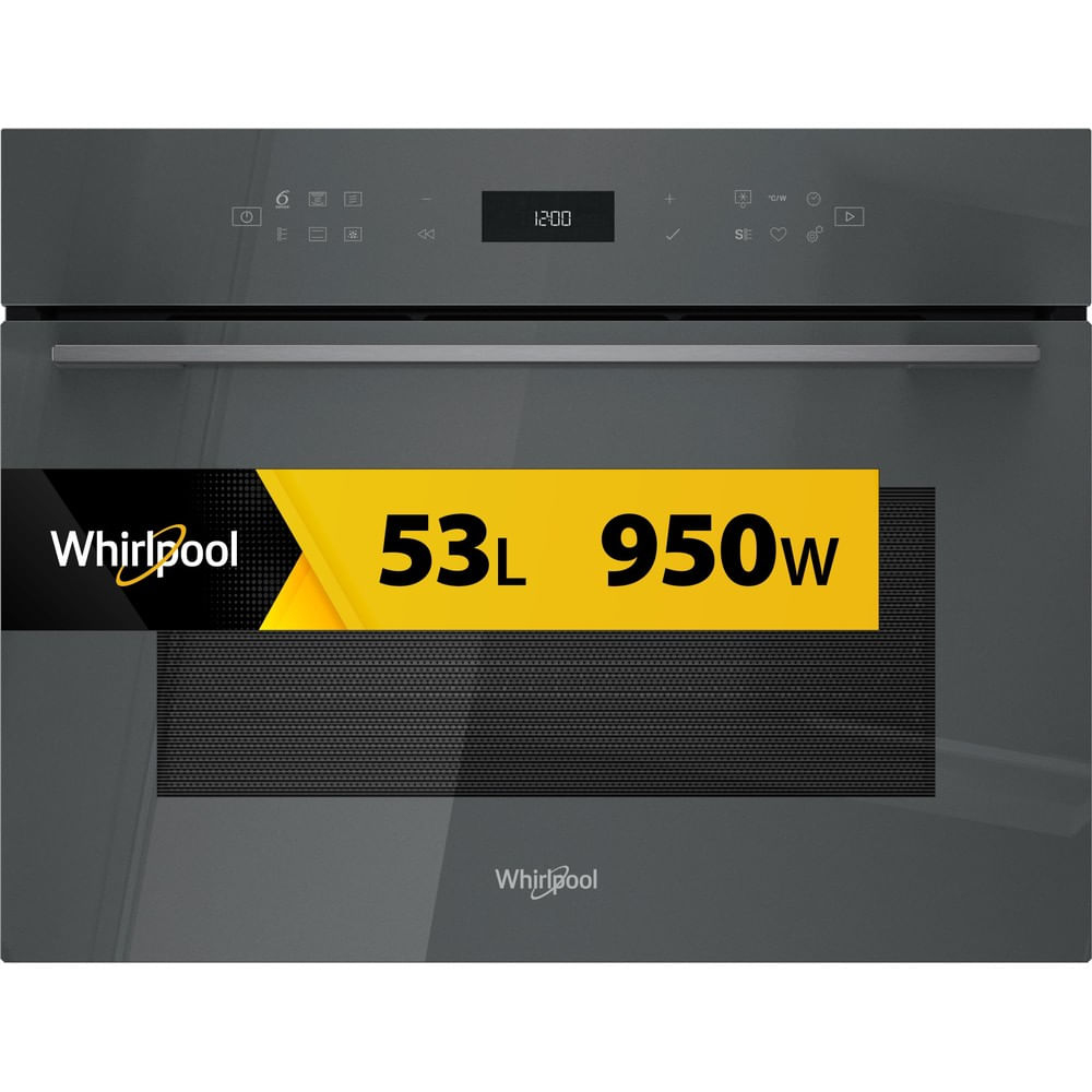 Forno Whirlpool grigio con display digitale (12:00) ed etichetta gialla (53L 950W).