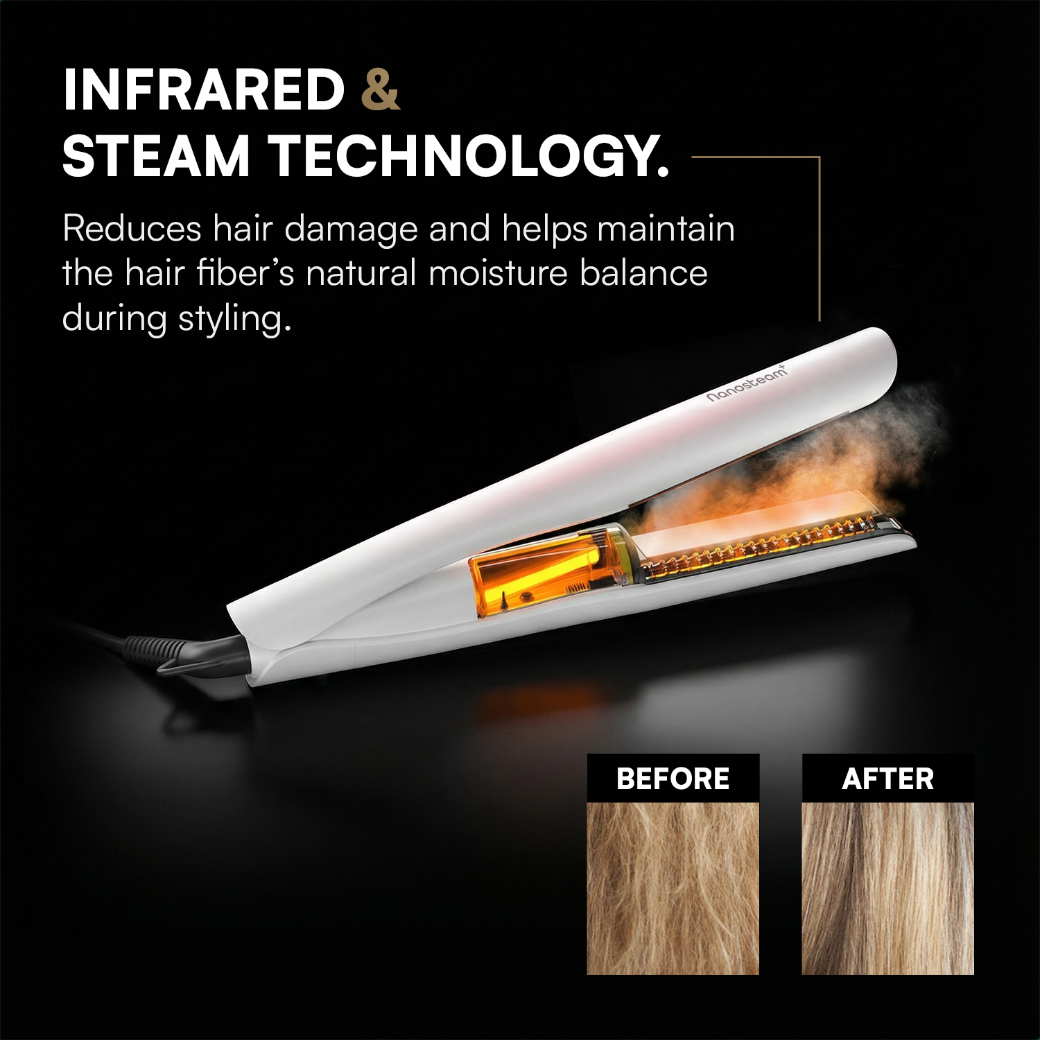 A white flat iron with steam and infrared technology. Before/after hair images.