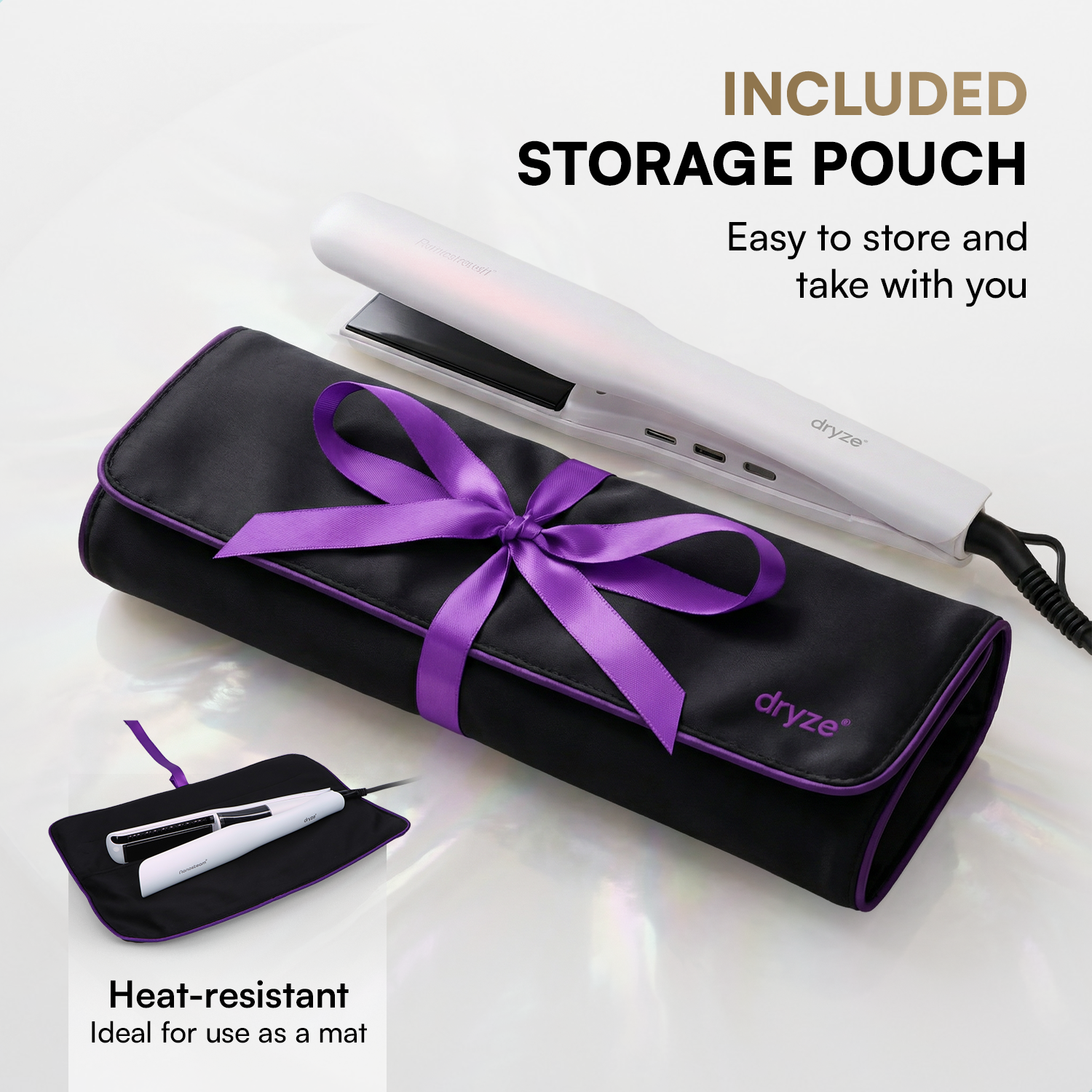 White hair straightener with black pouch and purple ribbon.