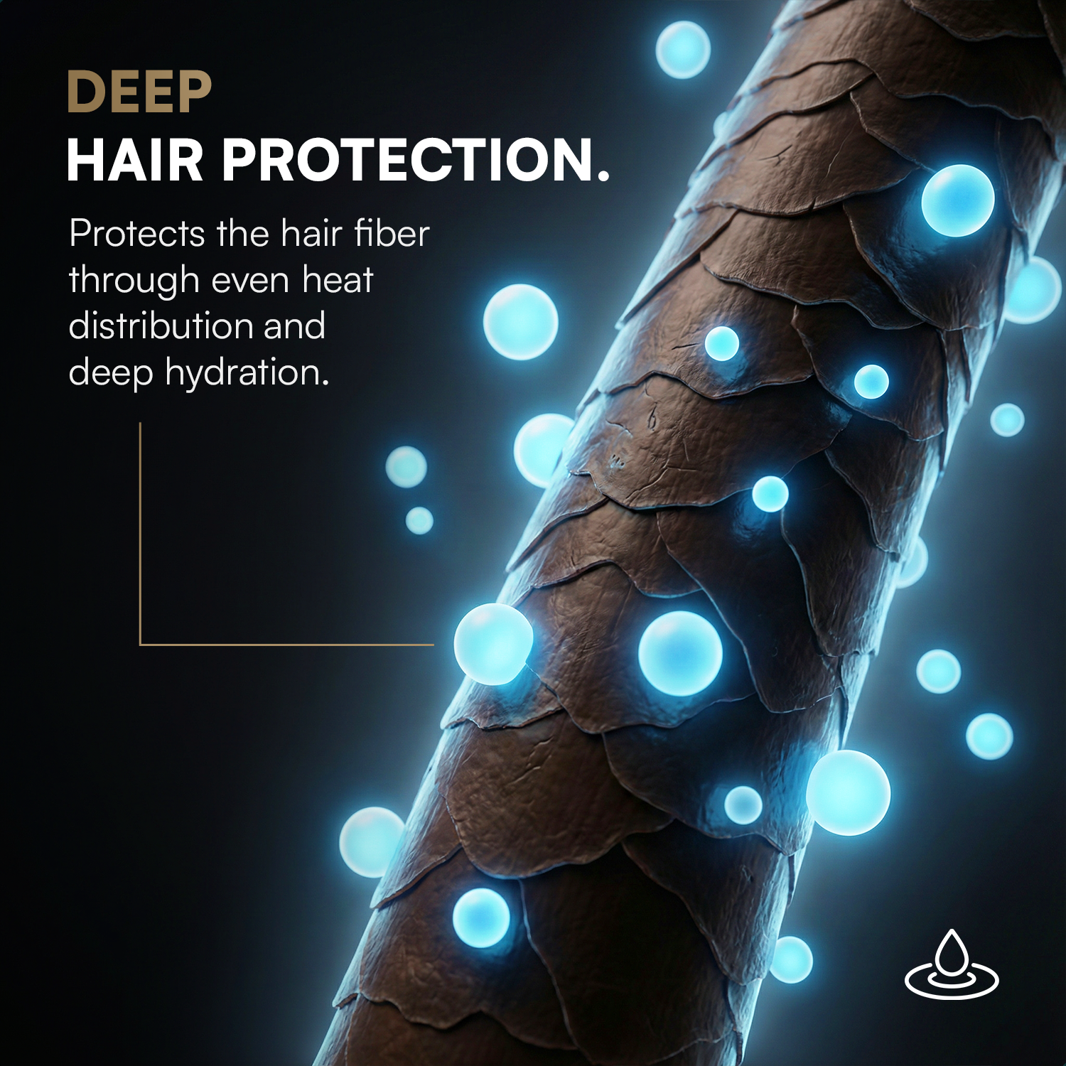 Close-up of hair with glowing blue bubbles. Text: DEEP HAIR PROTECTION.