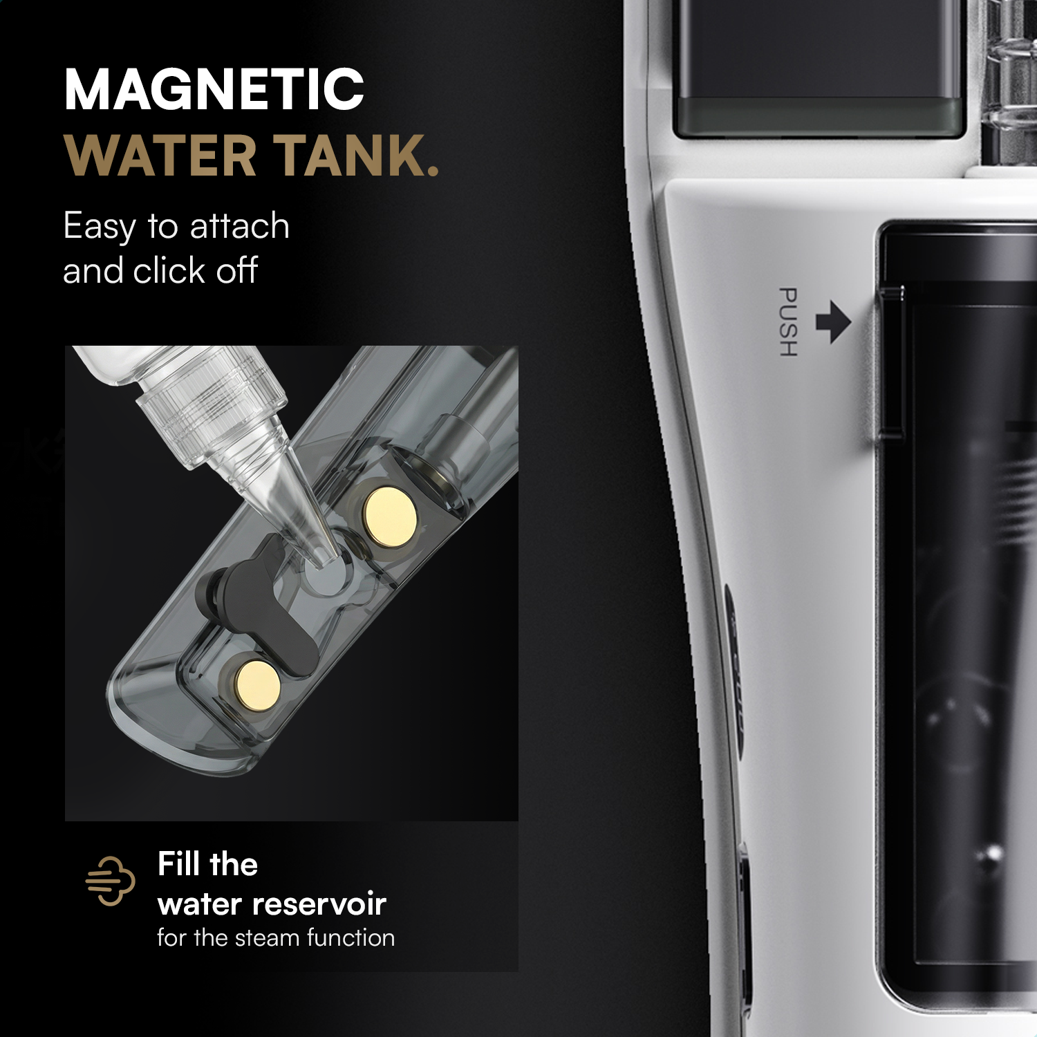 Magnetic water tank being filled. A click mechanism is visible.