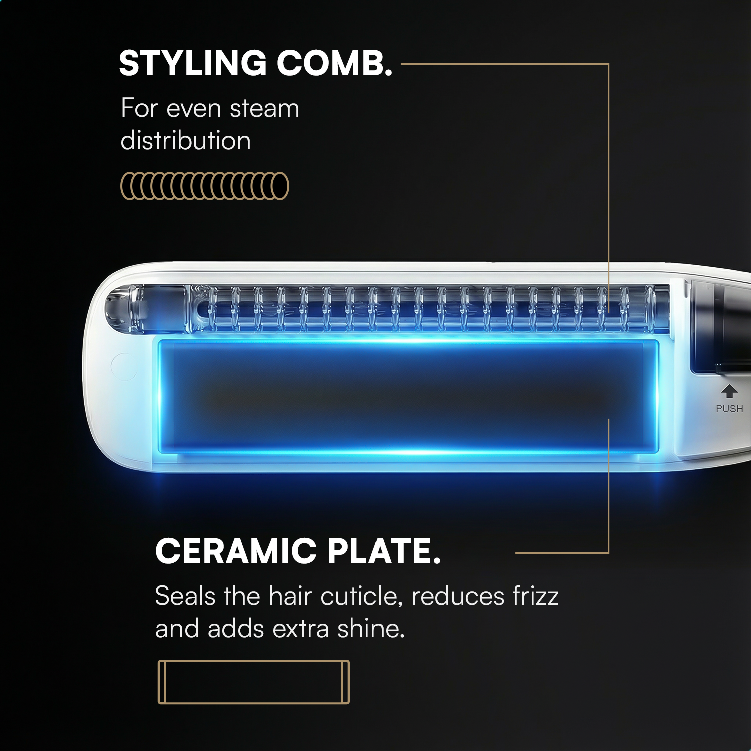 Styling comb with ceramic plate for even steam distribution.