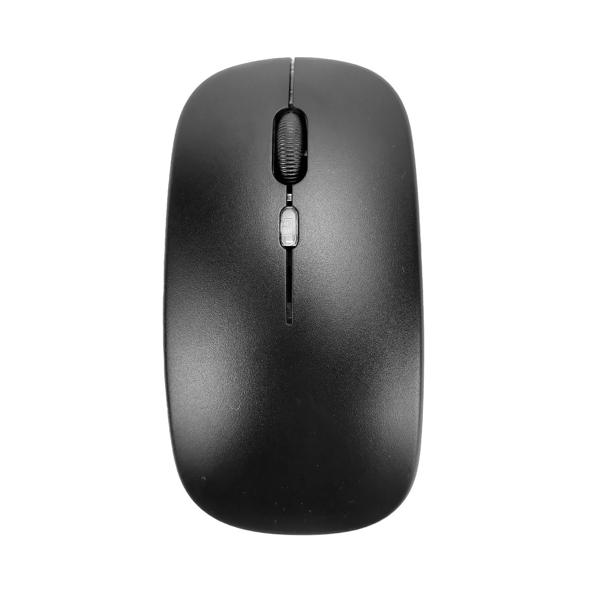 Un mouse per computer nero con rotella di scorrimento e pulsante DPI su sfondo bianco.