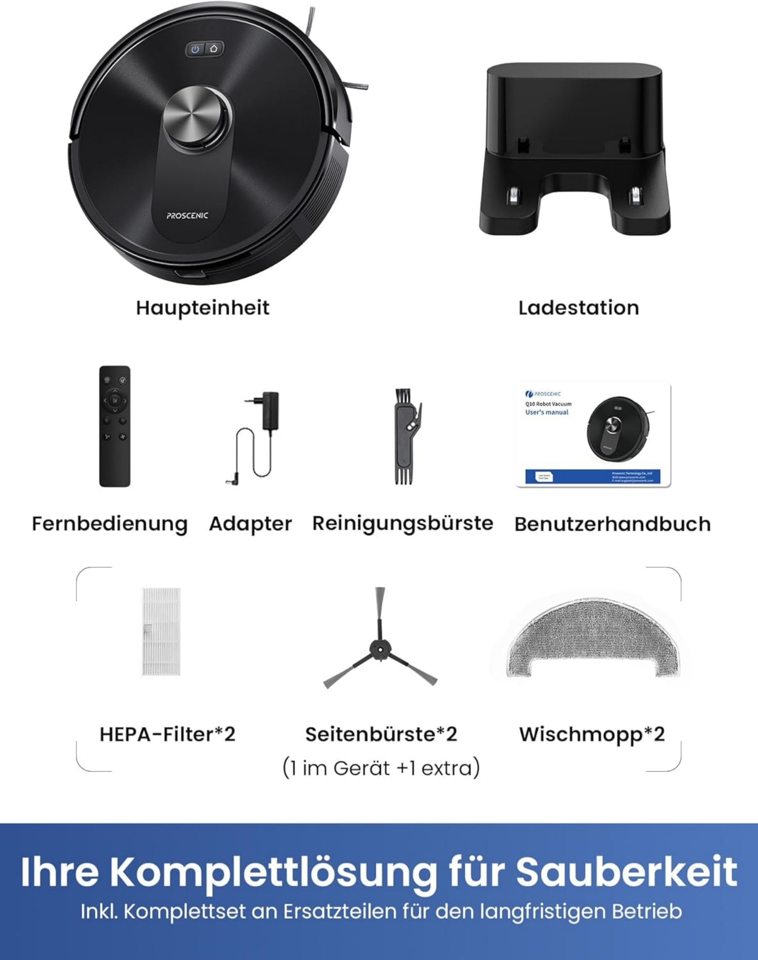 Robot Staubsauger, Ladestation, Fernbedienung, Adapter, Bürste, Filter, Wischmopp.