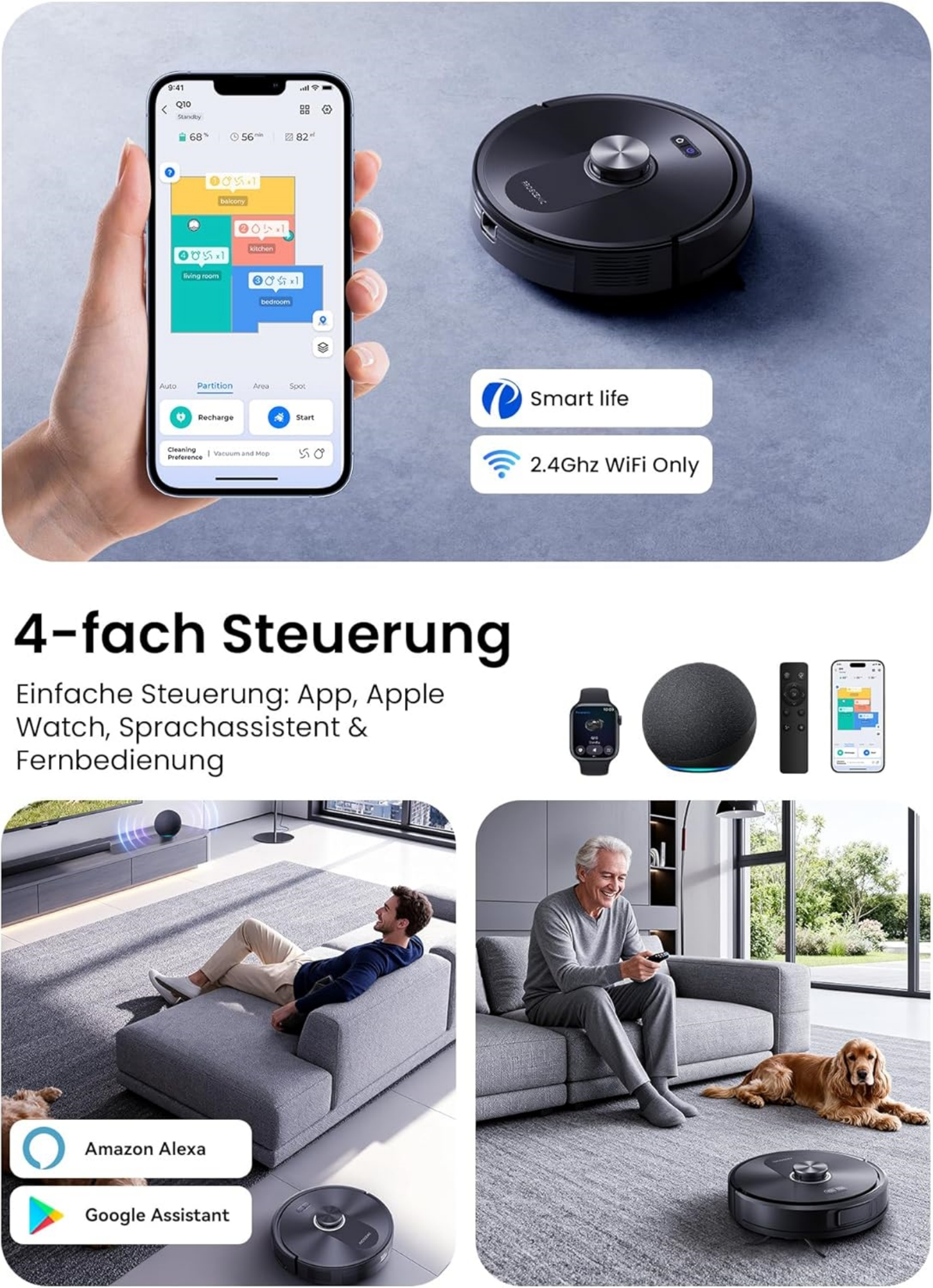 Schwarzer Saugroboter wird per App gesteuert. Mann auf Sofa, Hund liegt daneben.
