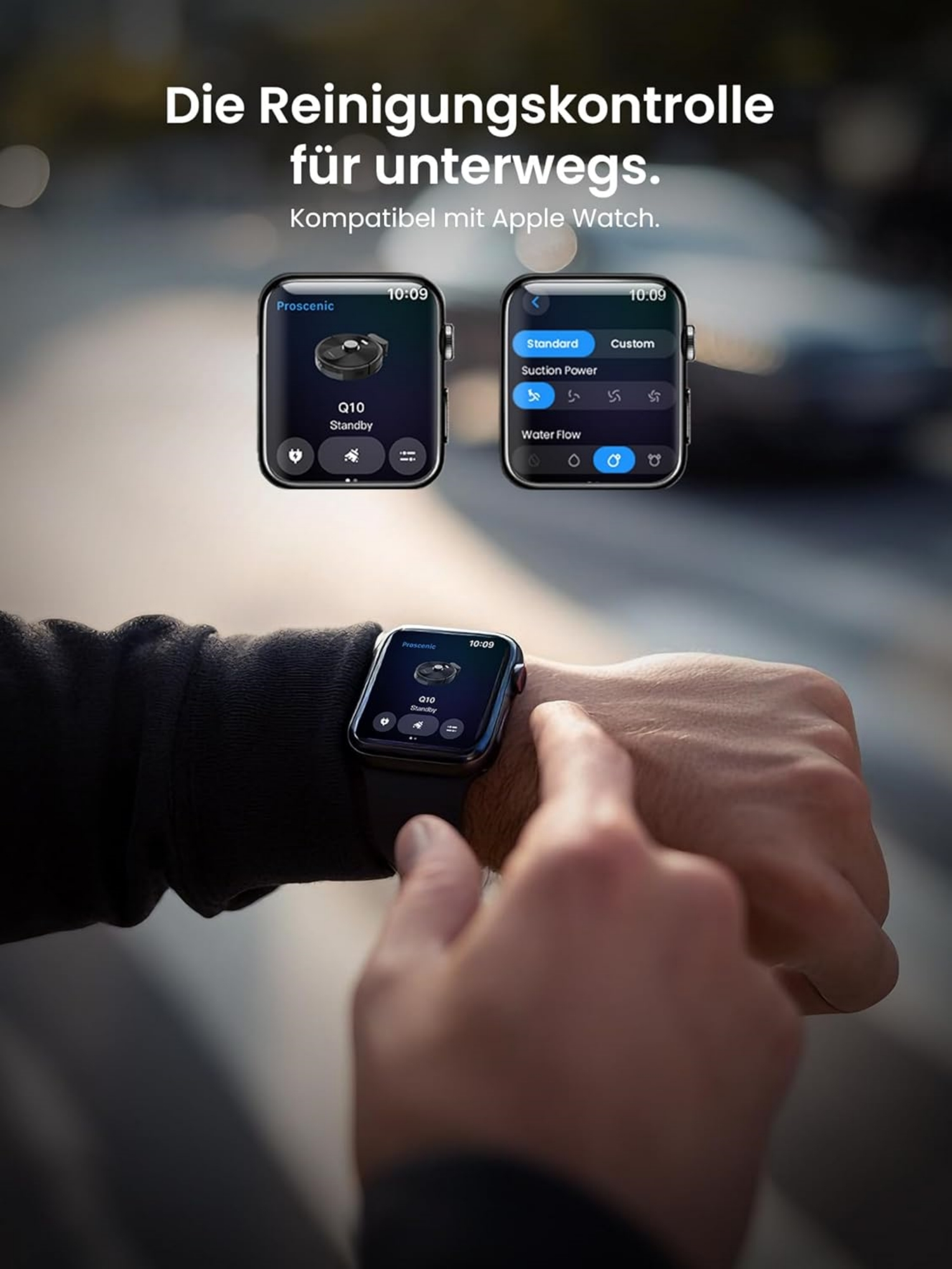 Apple Watch zeigt Steuerung für Saugroboter Q10. Angezeigt werden Standard/Custom-Modi.