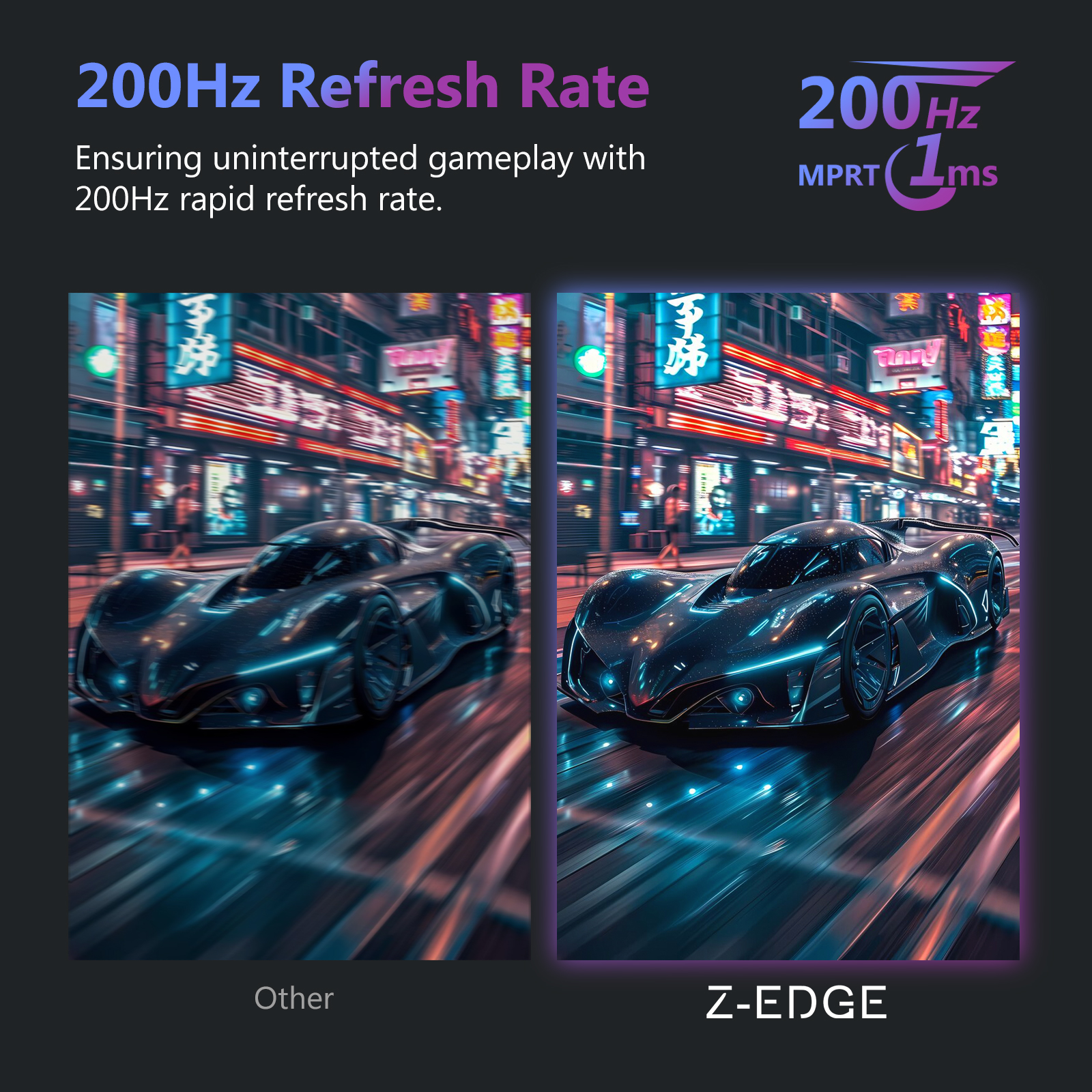 Dos coches futuristas en una calle iluminada con neón. Izquierda borrosa, derecha nítida.