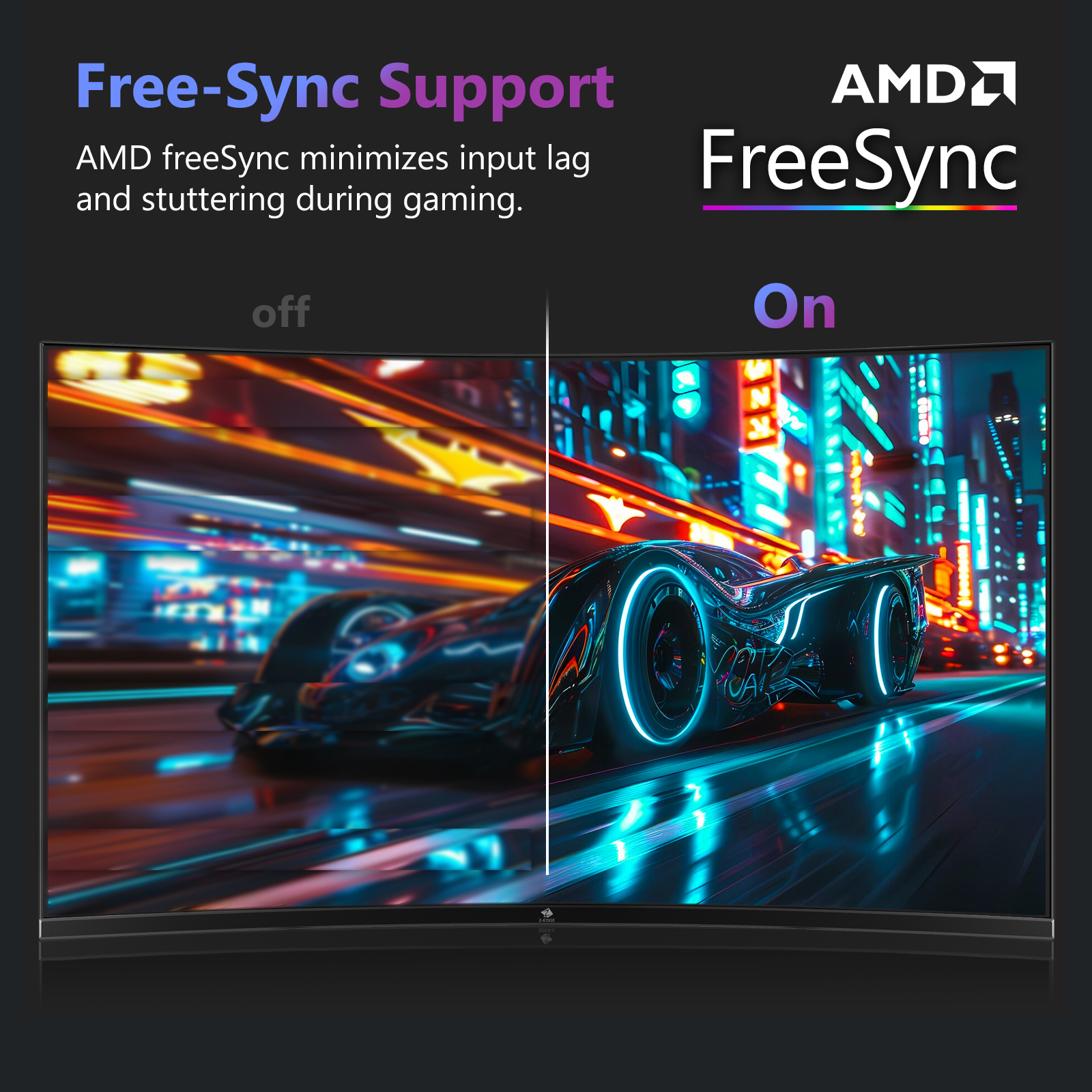 Comparación de AMD FreeSync: izquierda borrosa, derecha nítida con coche de neón.