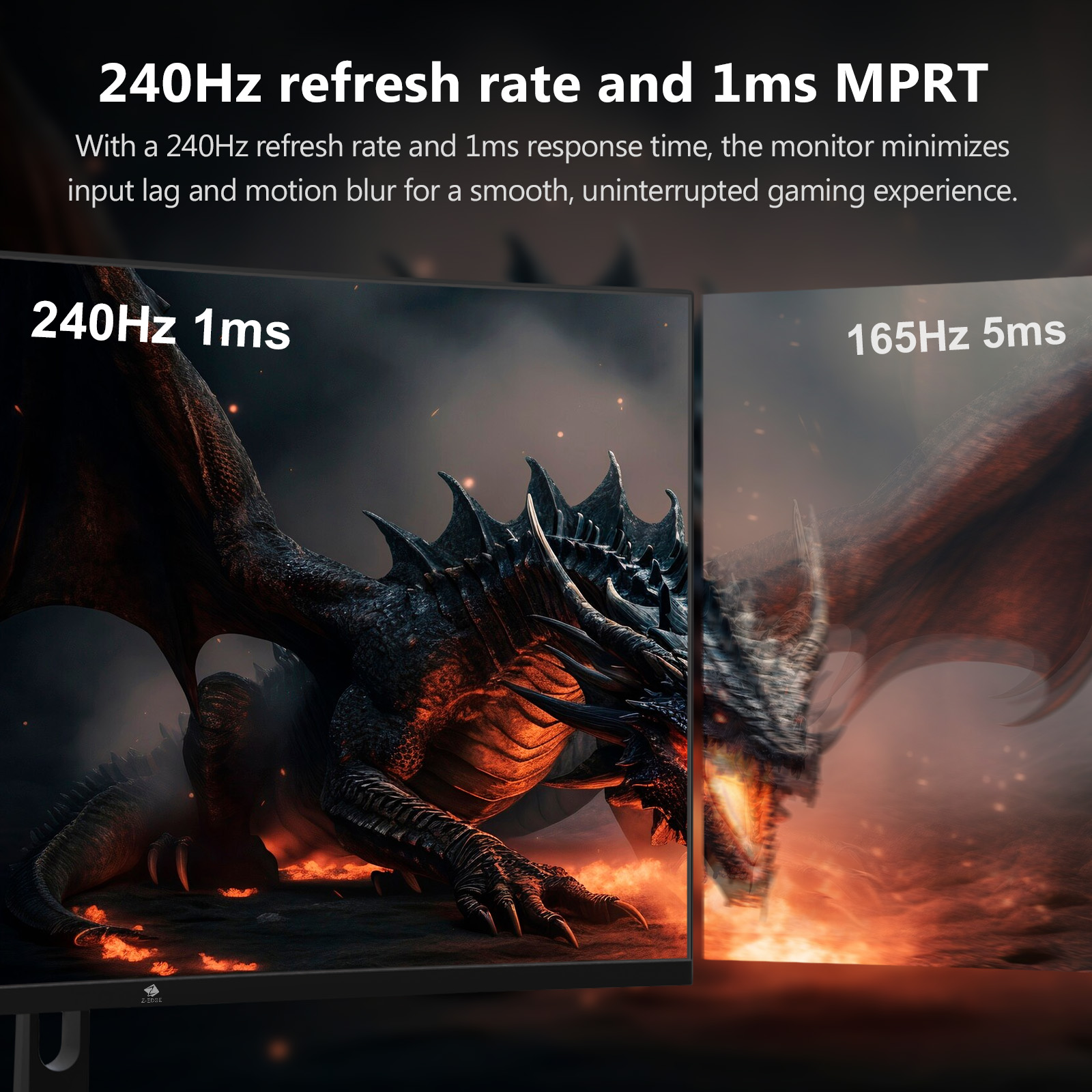 Dos monitores muestran dragones. Uno muestra 240Hz 1ms, el otro 165Hz 5ms.