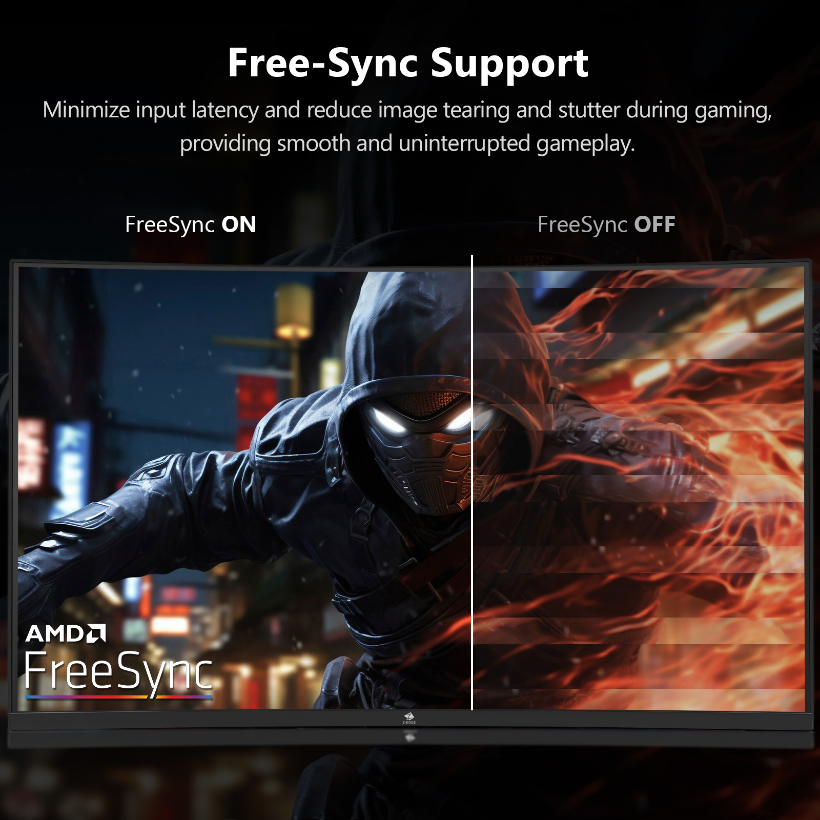 Un monitor muestra un juego con FreeSync activado y desactivado. Nítido a la izquierda, distorsionado a la derecha.