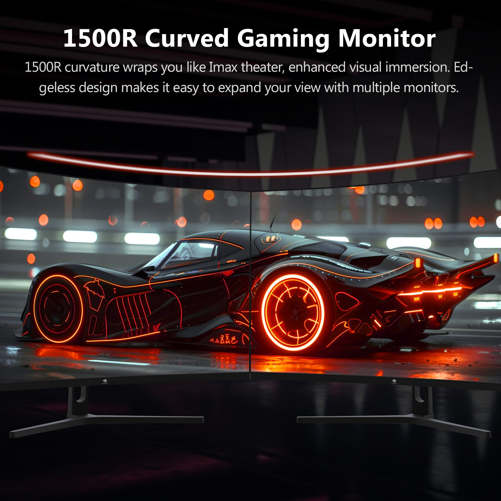 Un coche negro y futurista con detalles naranjas brillantes en un monitor curvo.