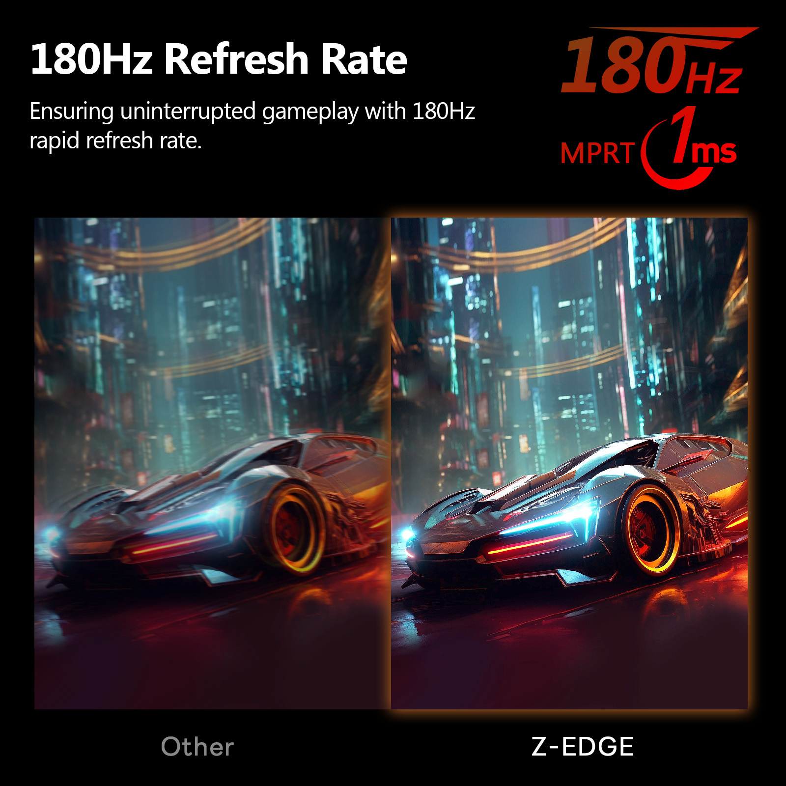 Dos imágenes de un coche futurista; una borrosa, una nítida. Refresco 180Hz.