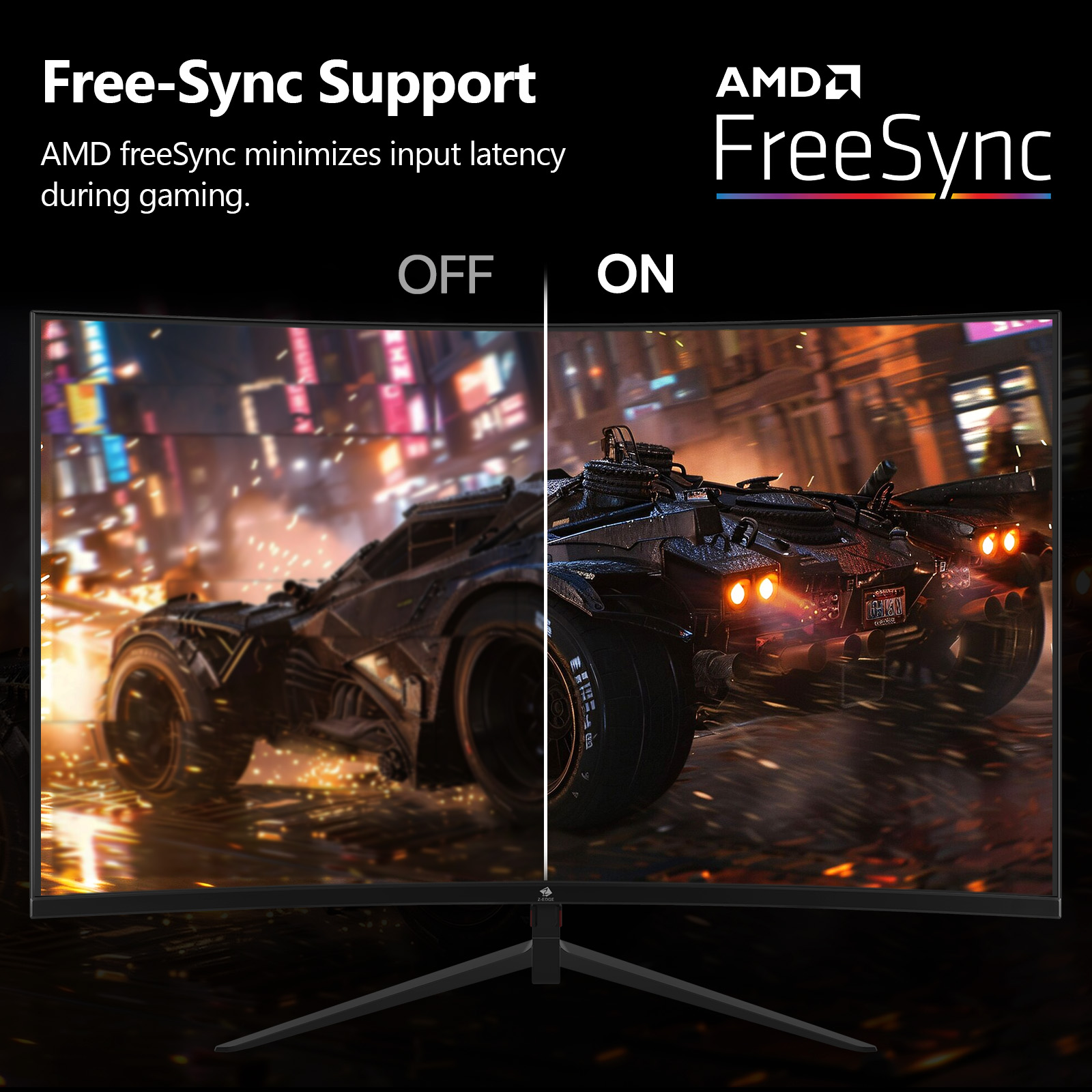 Dos vistas de un Batimóvil en una calle, con y sin Free-Sync.