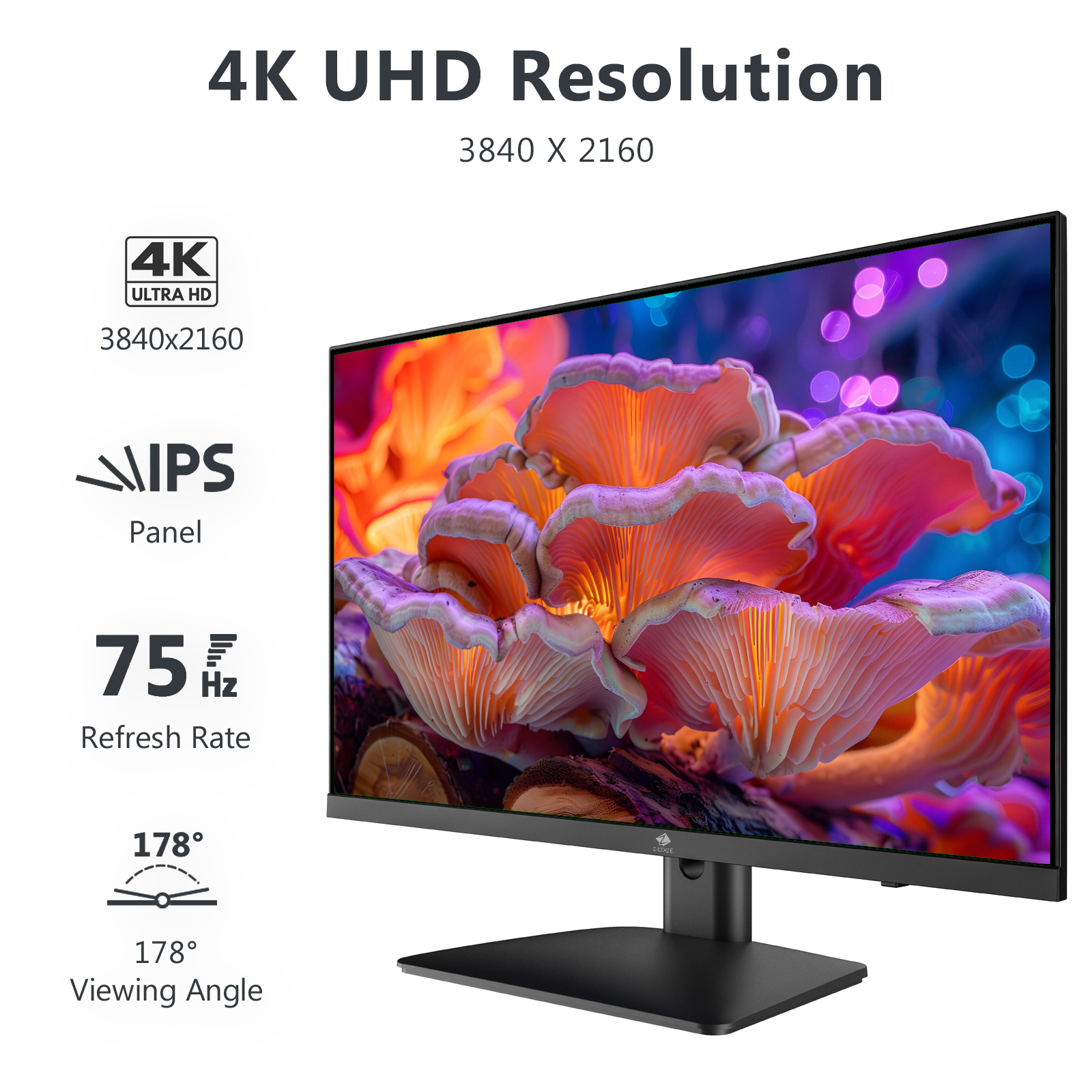 Un monitor 4K UHD de 75Hz y 178° de ángulo de visión muestra setas.
