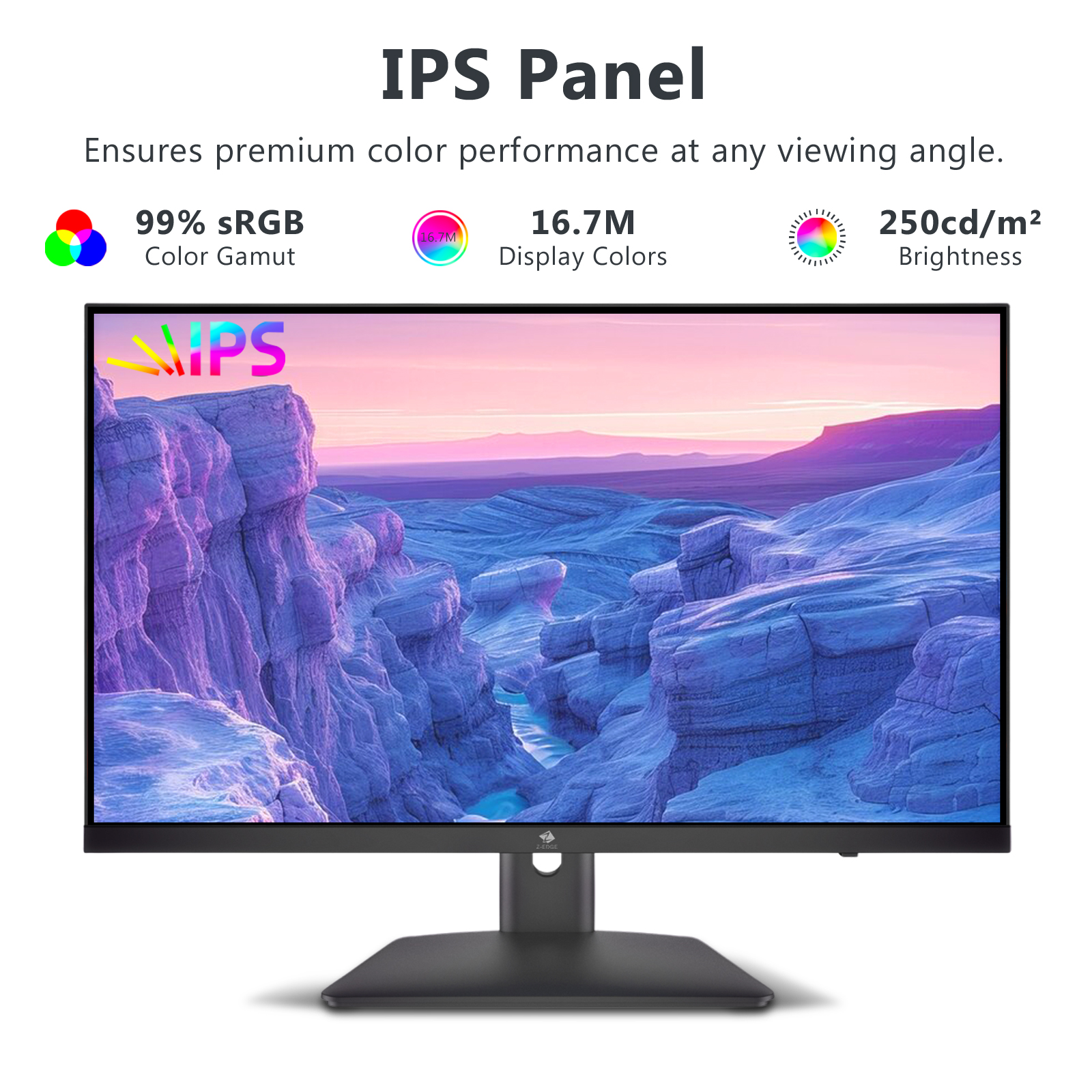Monitor con panel IPS que muestra un paisaje colorido. Cuenta con 99% sRGB, 16,7M colores.
