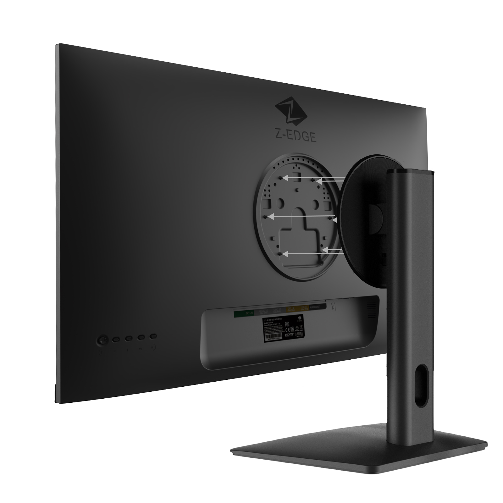Parte trasera de un monitor negro con logo Z-EDGE y placa de montaje.
